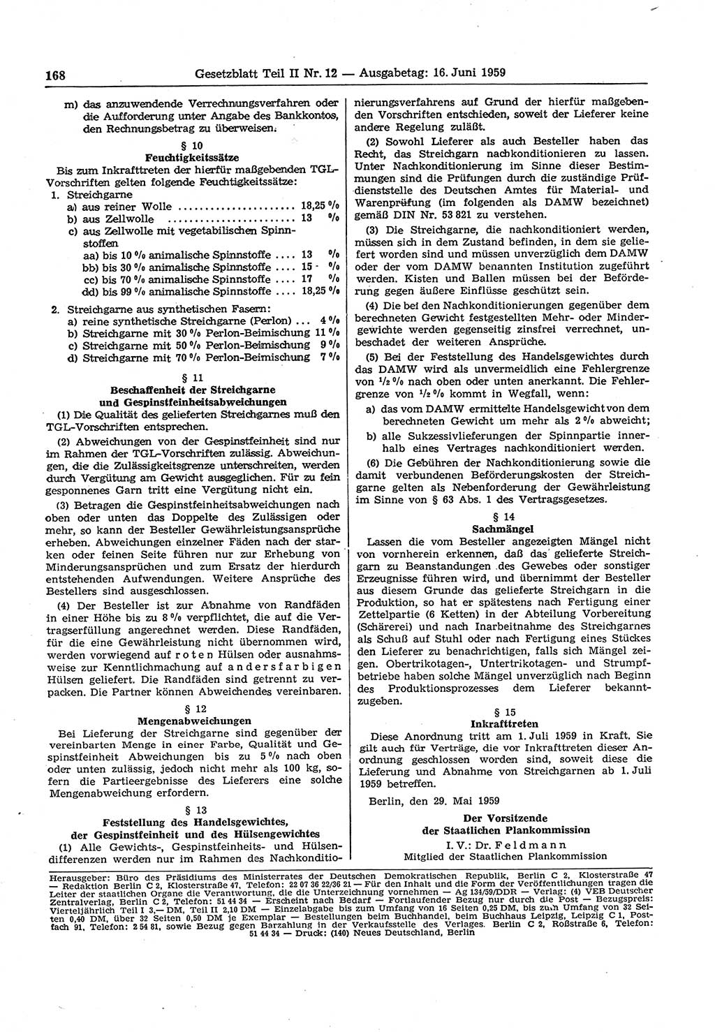 Gesetzblatt (GBl.) der Deutschen Demokratischen Republik (DDR) Teil ⅠⅠ 1959, Seite 168 (GBl. DDR ⅠⅠ 1959, S. 168)