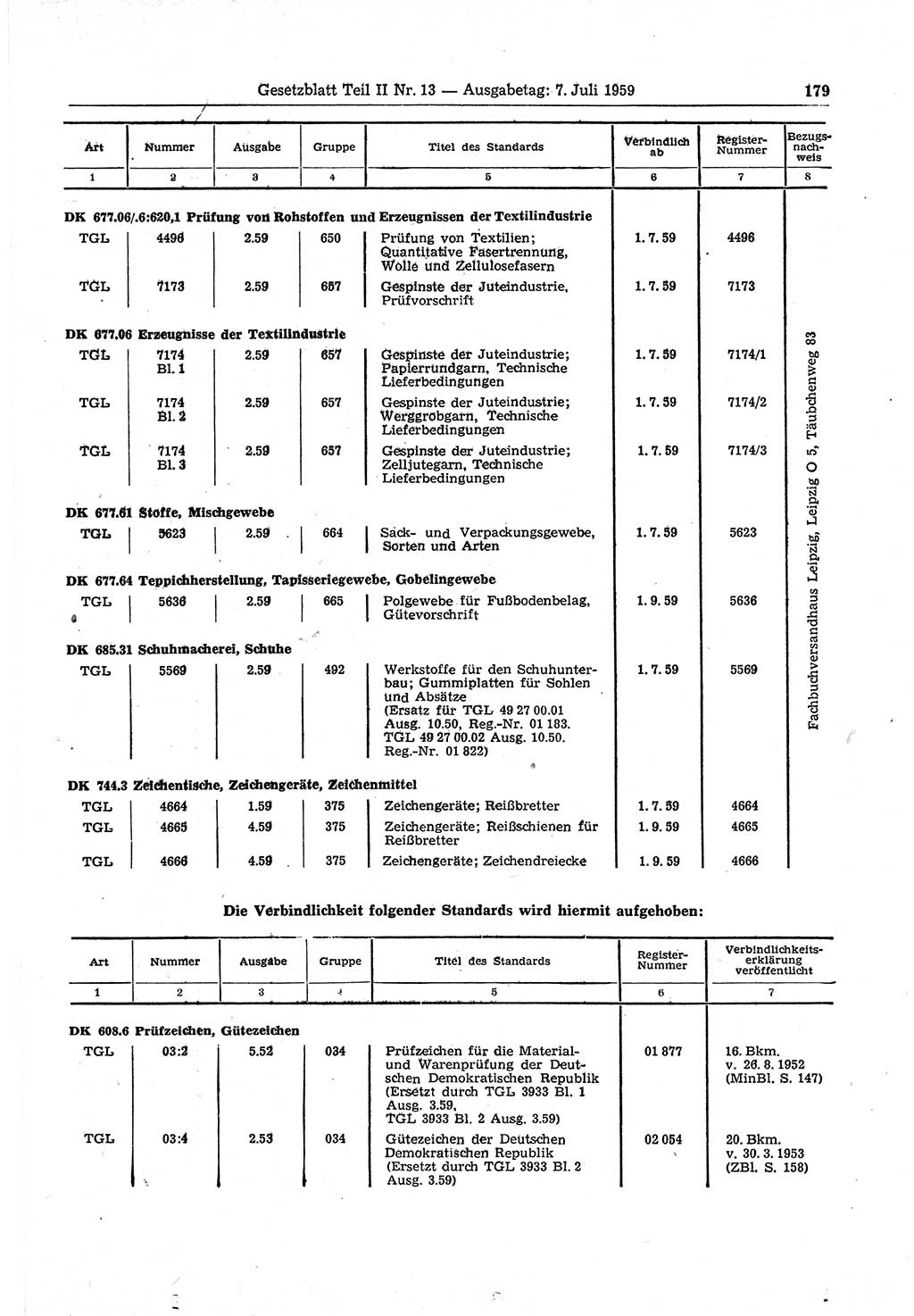 Gesetzblatt (GBl.) der Deutschen Demokratischen Republik (DDR) Teil ⅠⅠ 1959, Seite 179 (GBl. DDR ⅠⅠ 1959, S. 179)