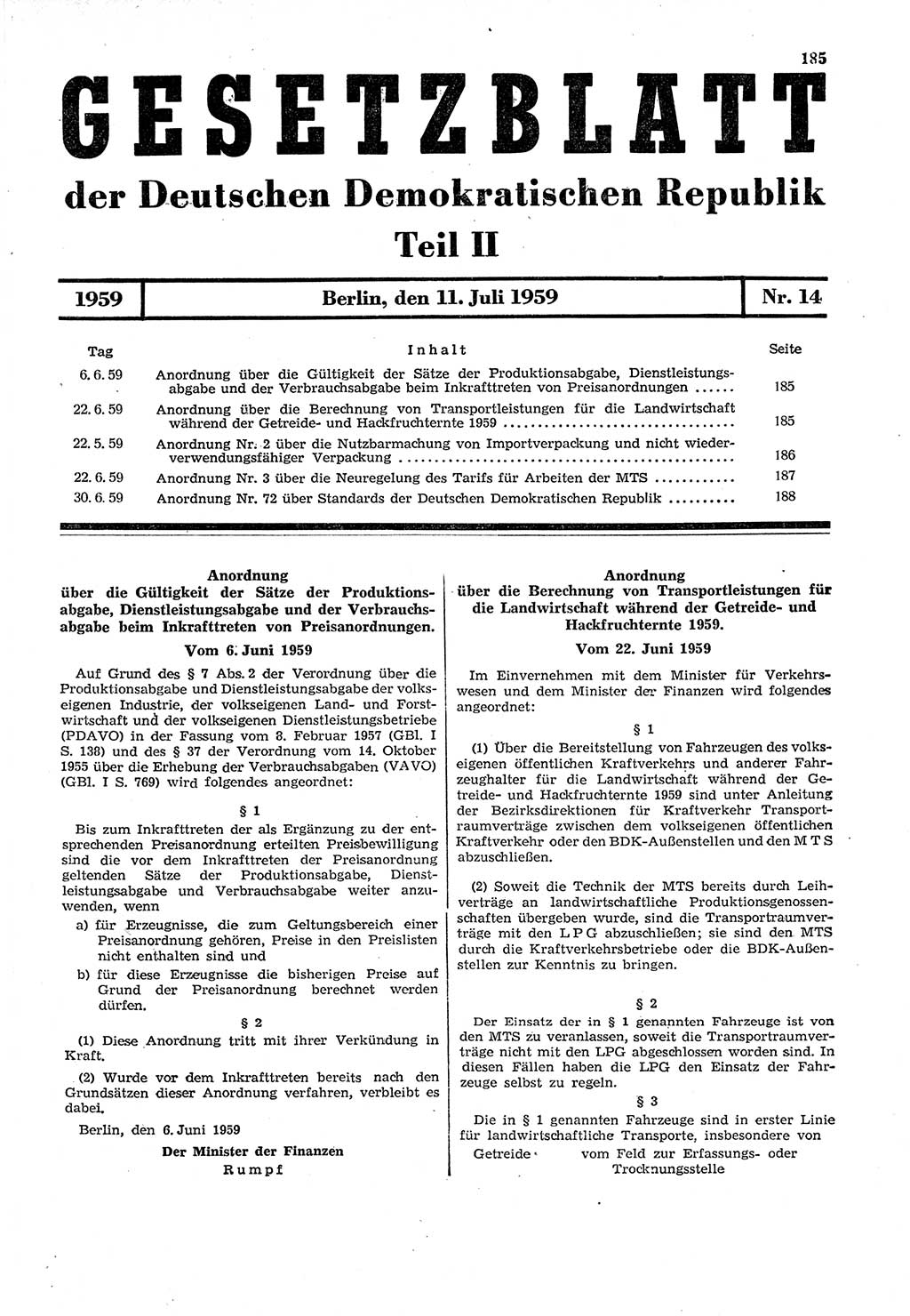 Gesetzblatt (GBl.) der Deutschen Demokratischen Republik (DDR) Teil ⅠⅠ 1959, Seite 185 (GBl. DDR ⅠⅠ 1959, S. 185)