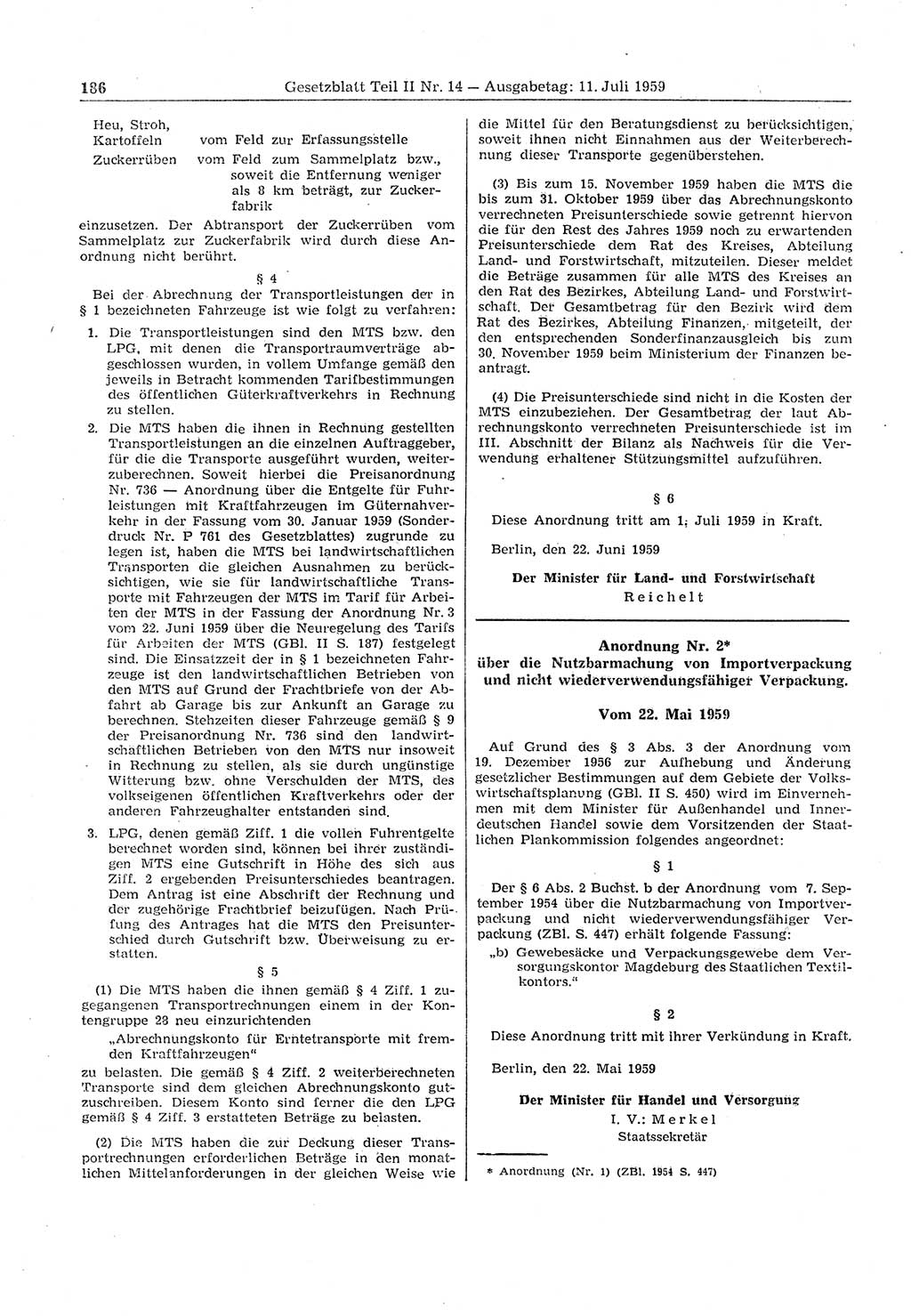 Gesetzblatt (GBl.) der Deutschen Demokratischen Republik (DDR) Teil ⅠⅠ 1959, Seite 186 (GBl. DDR ⅠⅠ 1959, S. 186)