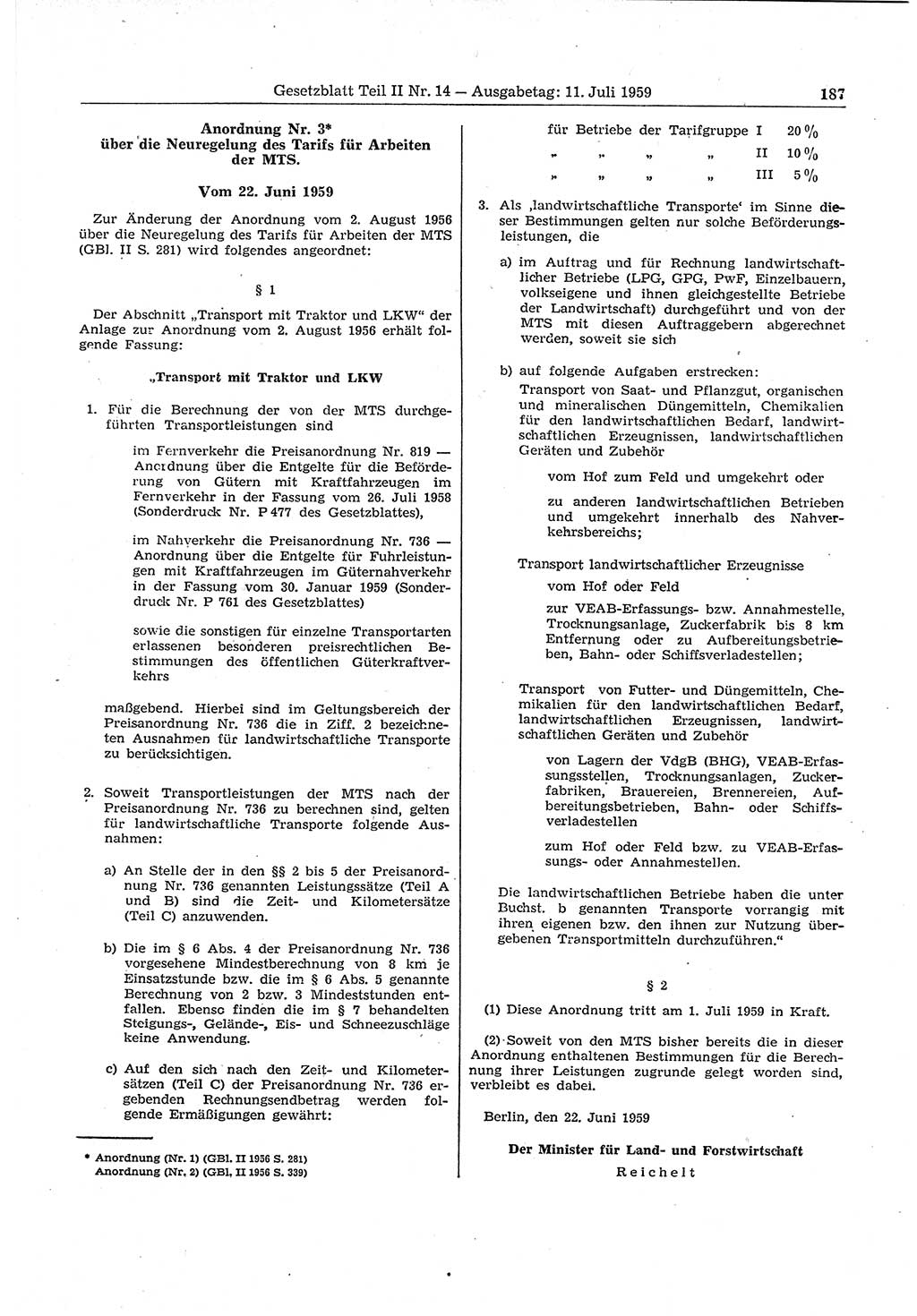 Gesetzblatt (GBl.) der Deutschen Demokratischen Republik (DDR) Teil ⅠⅠ 1959, Seite 187 (GBl. DDR ⅠⅠ 1959, S. 187)