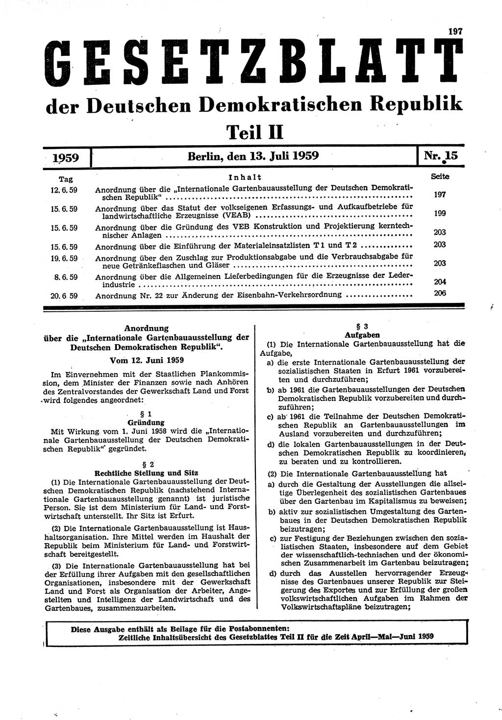 Gesetzblatt (GBl.) der Deutschen Demokratischen Republik (DDR) Teil ⅠⅠ 1959, Seite 197 (GBl. DDR ⅠⅠ 1959, S. 197)