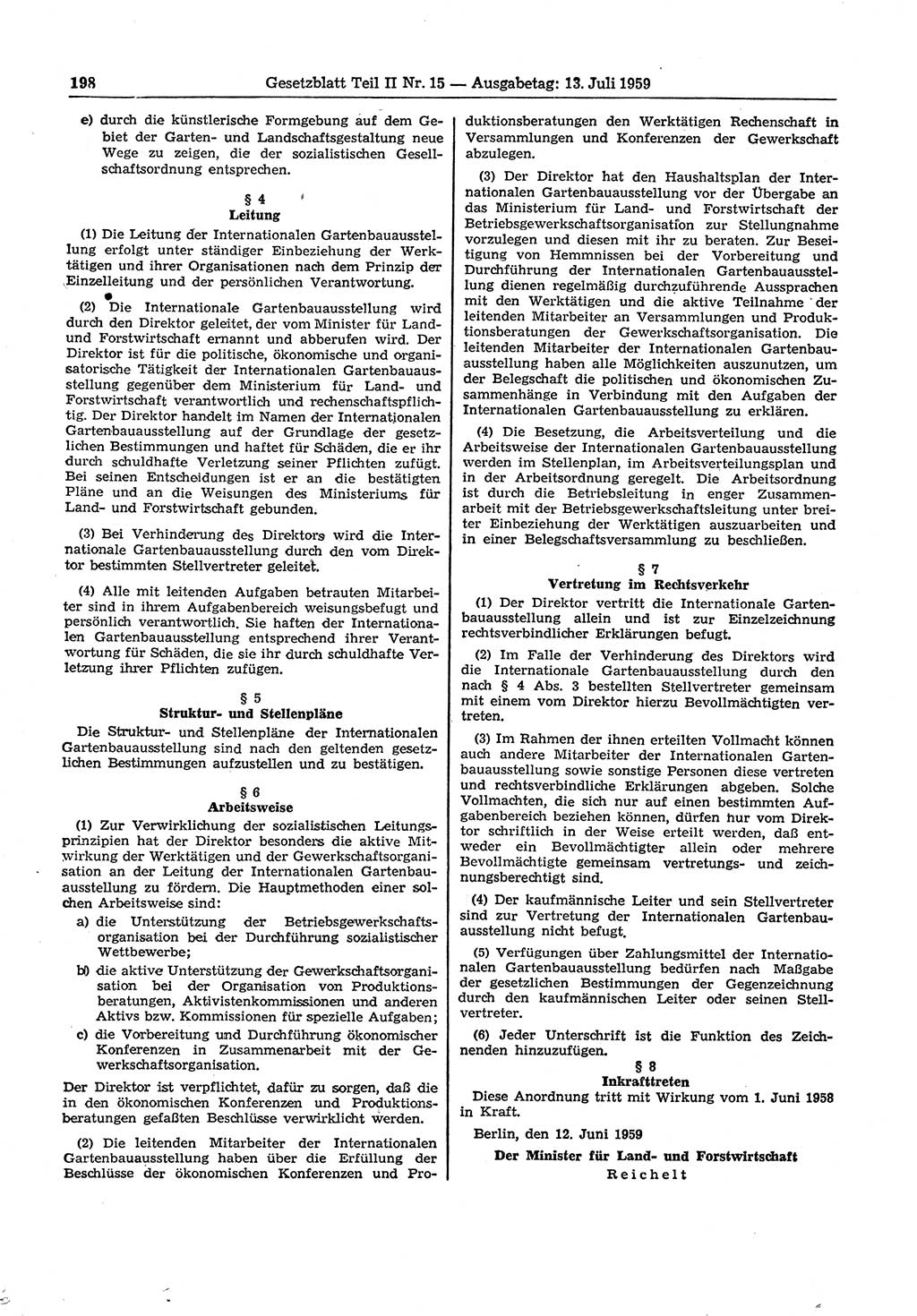 Gesetzblatt (GBl.) der Deutschen Demokratischen Republik (DDR) Teil ⅠⅠ 1959, Seite 198 (GBl. DDR ⅠⅠ 1959, S. 198)