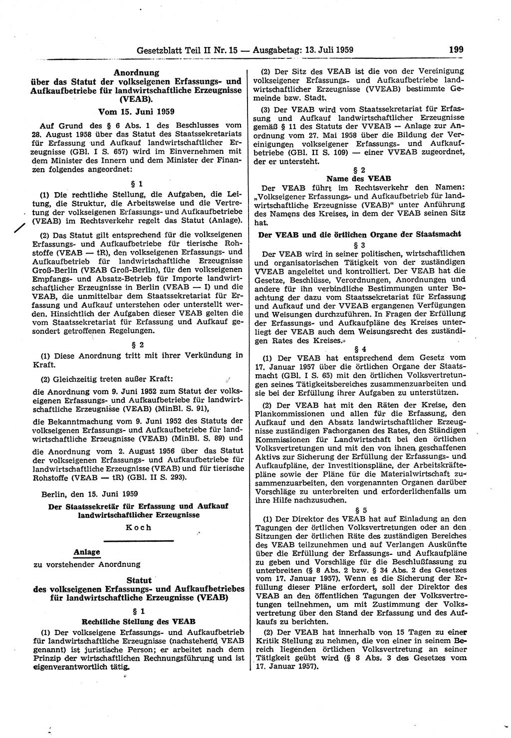 Gesetzblatt (GBl.) der Deutschen Demokratischen Republik (DDR) Teil ⅠⅠ 1959, Seite 199 (GBl. DDR ⅠⅠ 1959, S. 199)