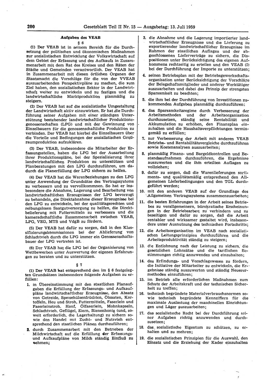 Gesetzblatt (GBl.) der Deutschen Demokratischen Republik (DDR) Teil ⅠⅠ 1959, Seite 200 (GBl. DDR ⅠⅠ 1959, S. 200)