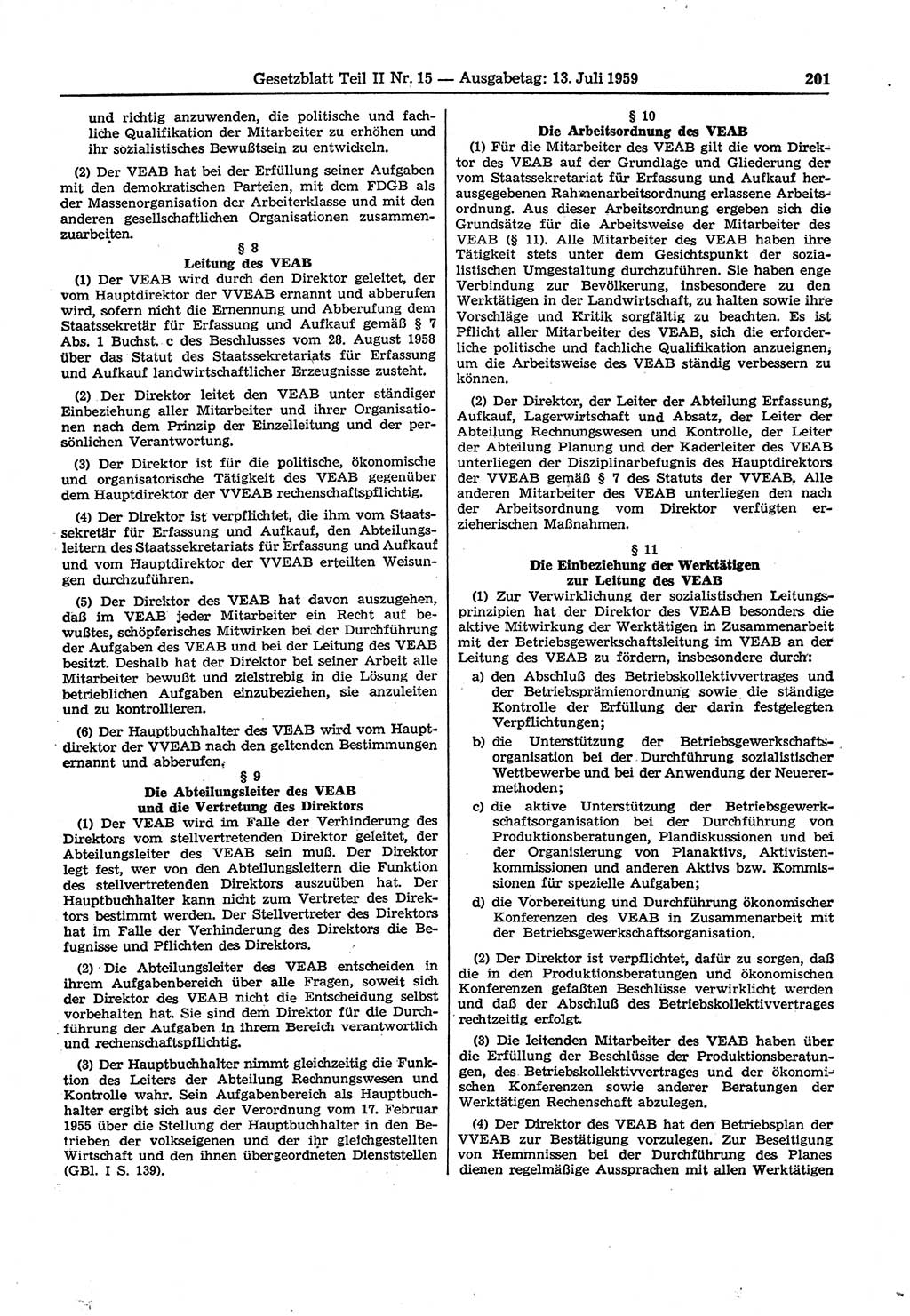 Gesetzblatt (GBl.) der Deutschen Demokratischen Republik (DDR) Teil ⅠⅠ 1959, Seite 201 (GBl. DDR ⅠⅠ 1959, S. 201)