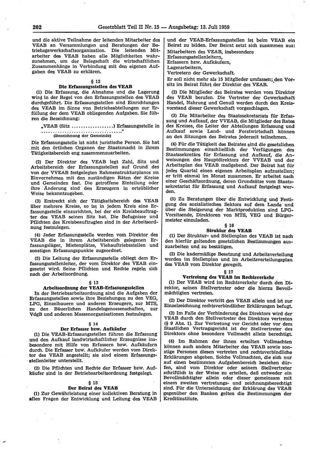 Gesetzblatt (GBl.) der Deutschen Demokratischen Republik (DDR) Teil ⅠⅠ 1959, Seite 202 (GBl. DDR ⅠⅠ 1959, S. 202)