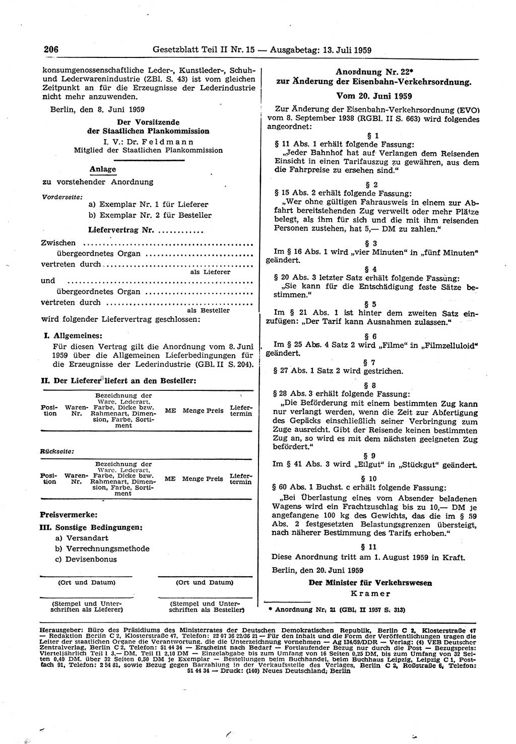 Gesetzblatt (GBl.) der Deutschen Demokratischen Republik (DDR) Teil ⅠⅠ 1959, Seite 206 (GBl. DDR ⅠⅠ 1959, S. 206)