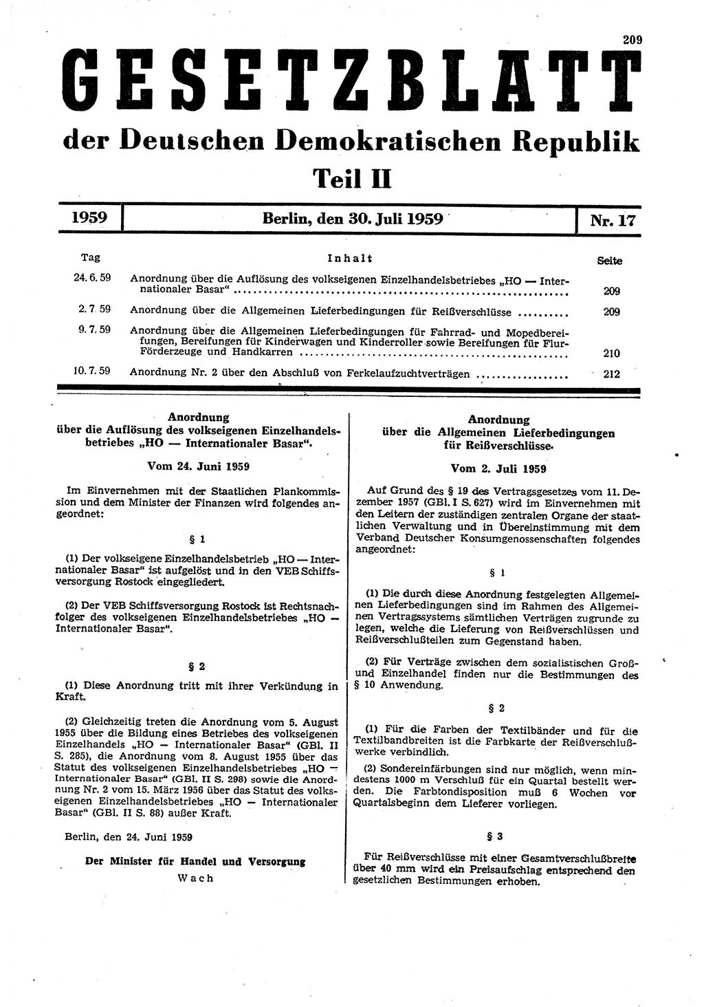 Gesetzblatt (GBl.) der Deutschen Demokratischen Republik (DDR) Teil ⅠⅠ 1959, Seite 209 (GBl. DDR ⅠⅠ 1959, S. 209)