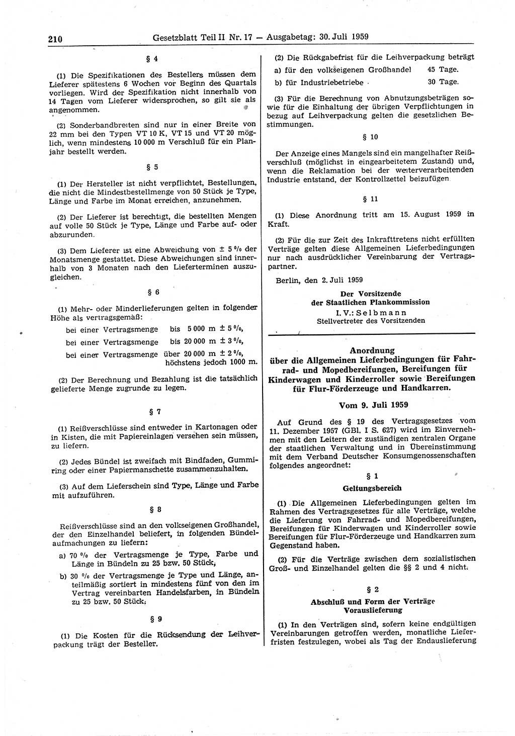 Gesetzblatt (GBl.) der Deutschen Demokratischen Republik (DDR) Teil ⅠⅠ 1959, Seite 210 (GBl. DDR ⅠⅠ 1959, S. 210)
