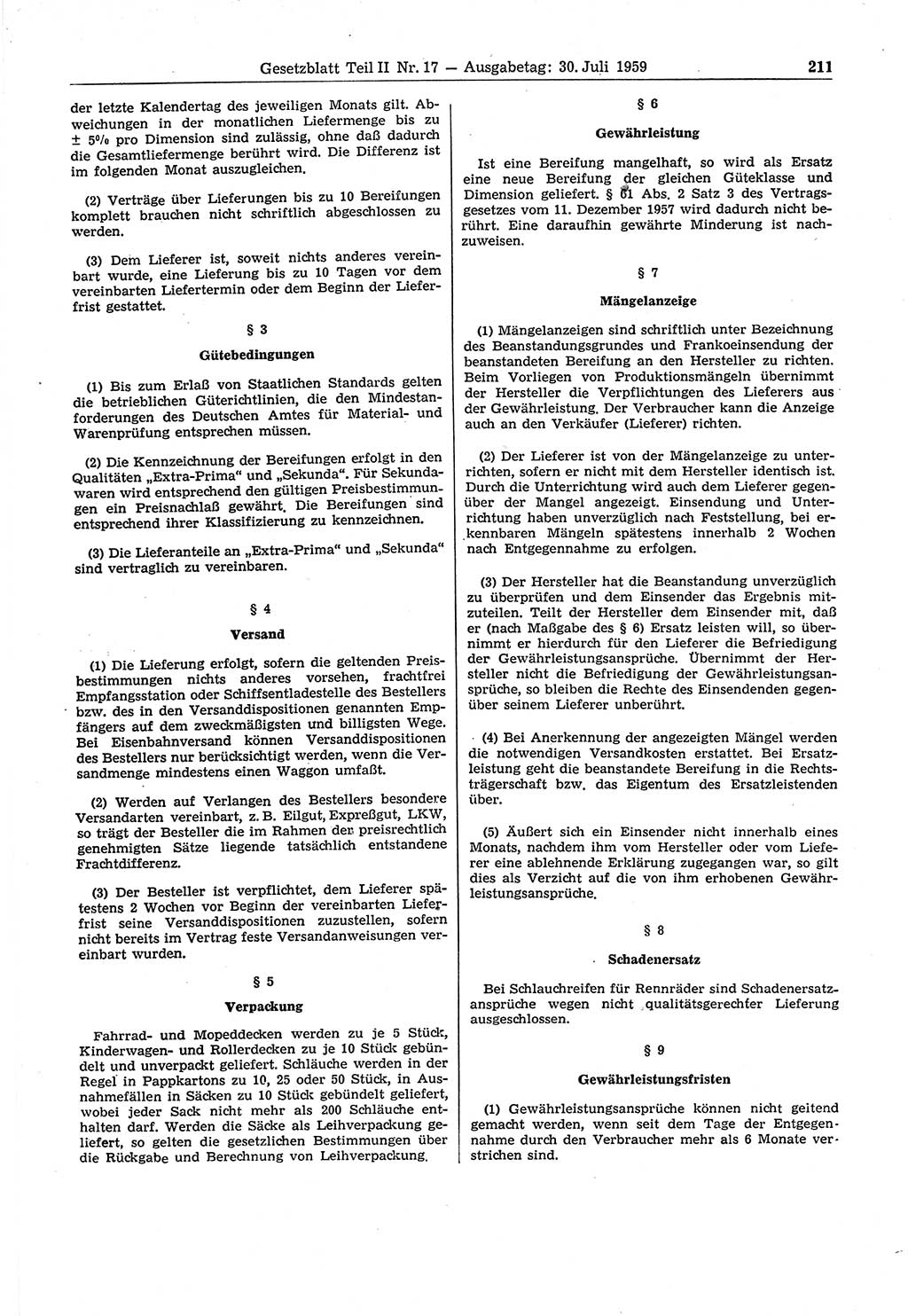 Gesetzblatt (GBl.) der Deutschen Demokratischen Republik (DDR) Teil ⅠⅠ 1959, Seite 211 (GBl. DDR ⅠⅠ 1959, S. 211)