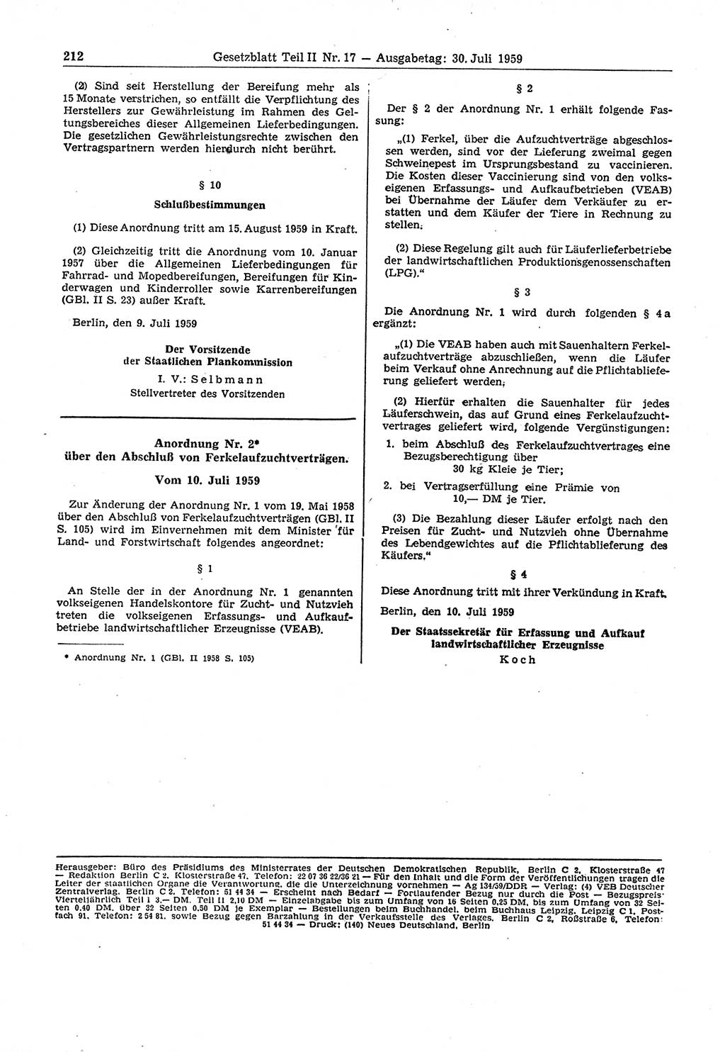 Gesetzblatt (GBl.) der Deutschen Demokratischen Republik (DDR) Teil ⅠⅠ 1959, Seite 212 (GBl. DDR ⅠⅠ 1959, S. 212)