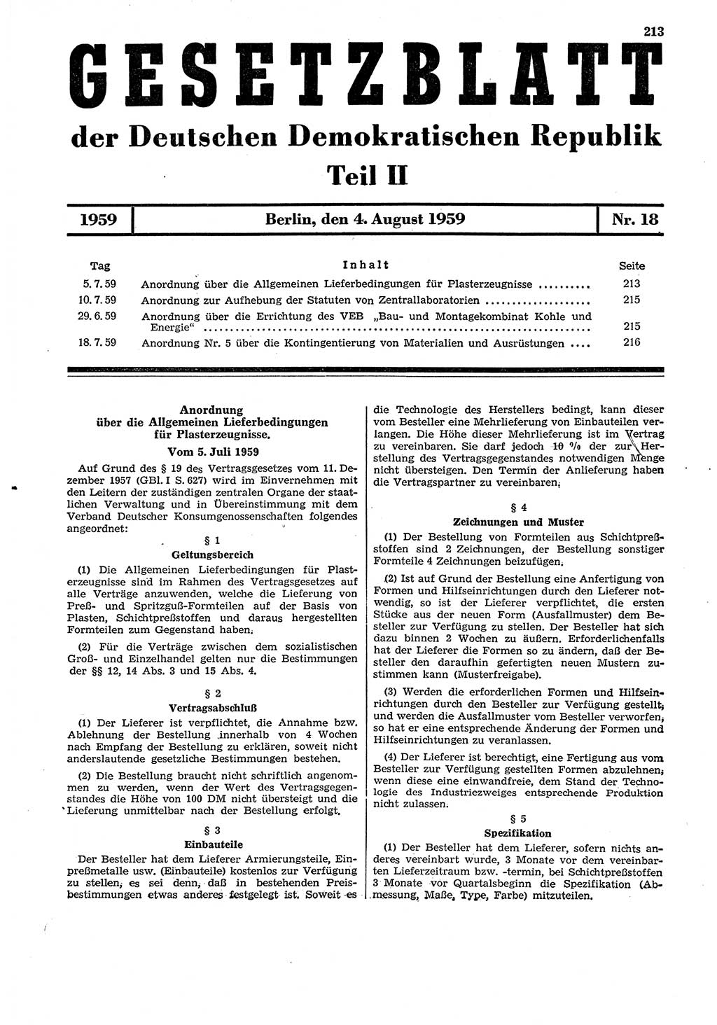 Gesetzblatt (GBl.) der Deutschen Demokratischen Republik (DDR) Teil ⅠⅠ 1959, Seite 213 (GBl. DDR ⅠⅠ 1959, S. 213)