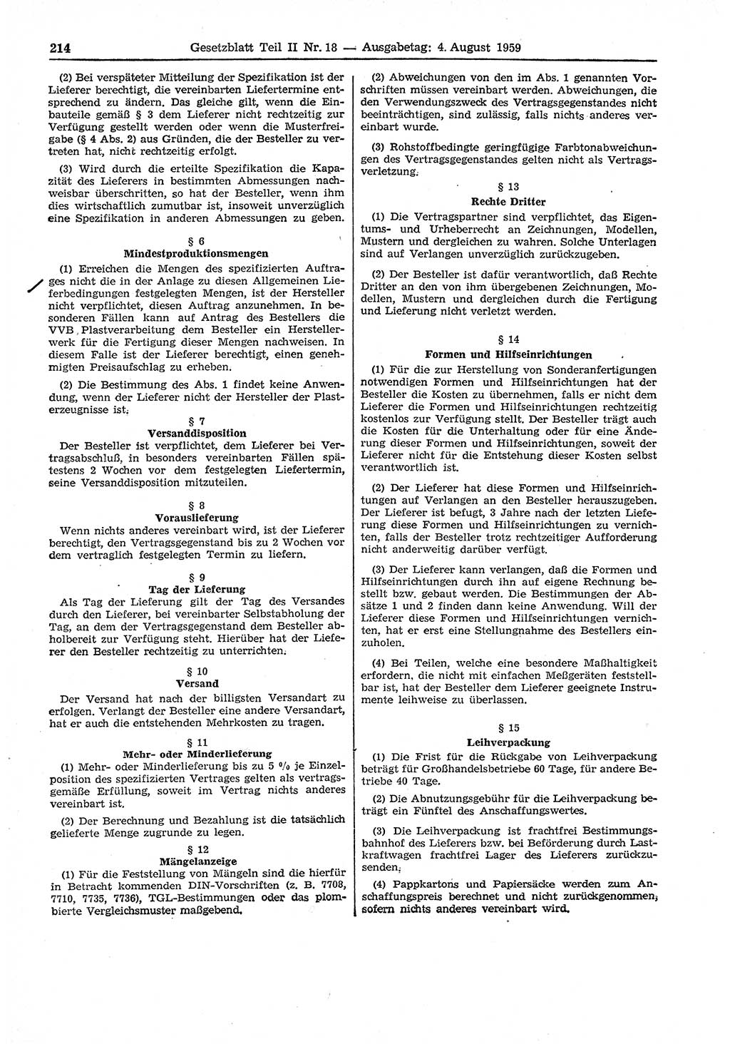 Gesetzblatt (GBl.) der Deutschen Demokratischen Republik (DDR) Teil ⅠⅠ 1959, Seite 214 (GBl. DDR ⅠⅠ 1959, S. 214)