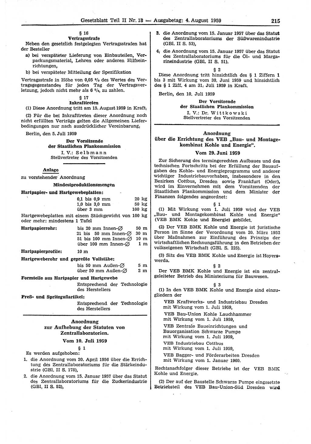 Gesetzblatt (GBl.) der Deutschen Demokratischen Republik (DDR) Teil ⅠⅠ 1959, Seite 215 (GBl. DDR ⅠⅠ 1959, S. 215)