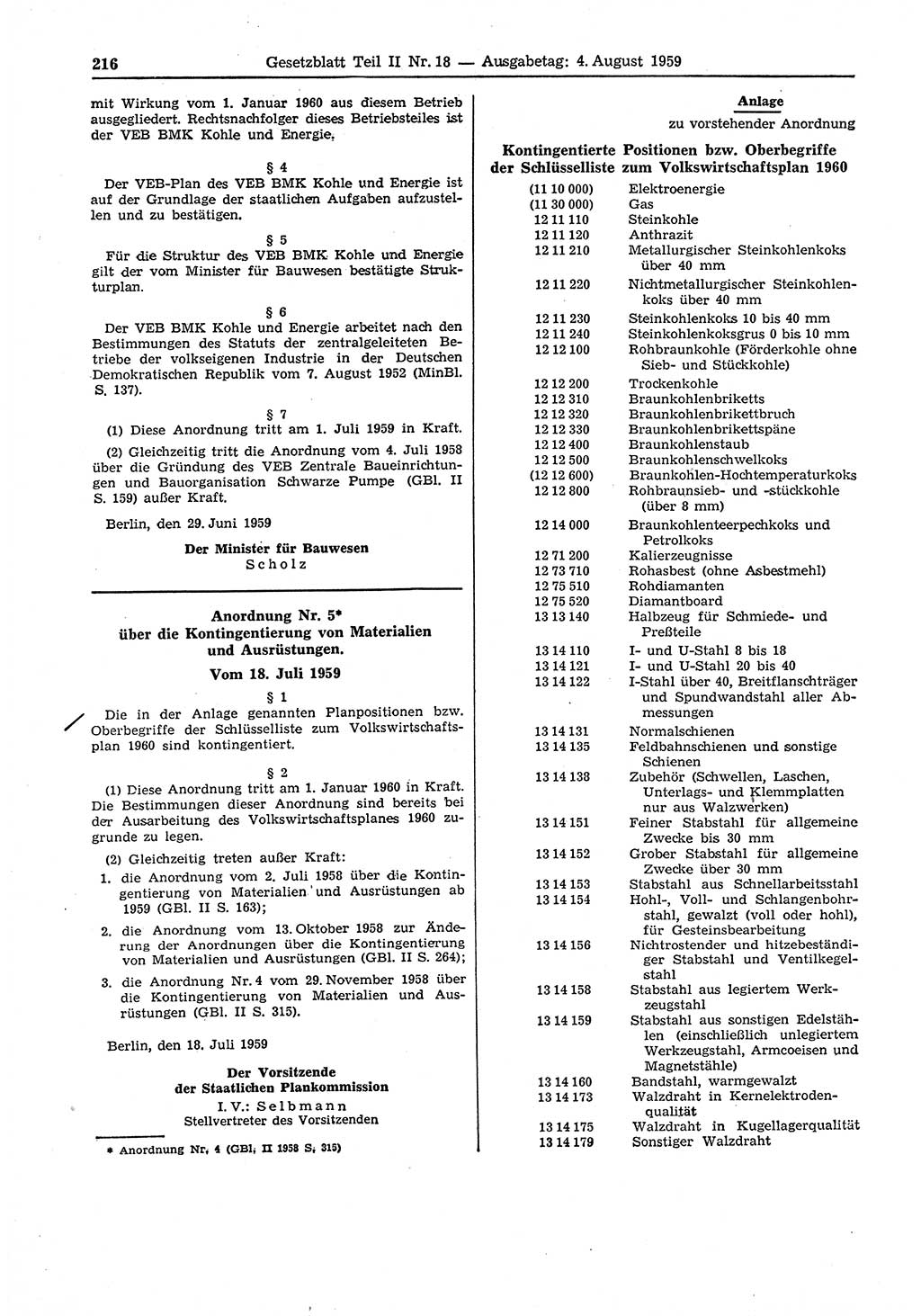 Gesetzblatt (GBl.) der Deutschen Demokratischen Republik (DDR) Teil ⅠⅠ 1959, Seite 216 (GBl. DDR ⅠⅠ 1959, S. 216)