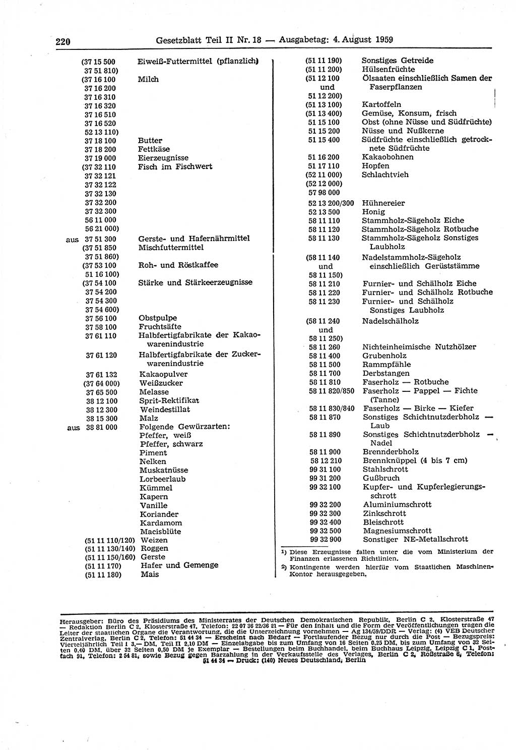 Gesetzblatt (GBl.) der Deutschen Demokratischen Republik (DDR) Teil ⅠⅠ 1959, Seite 220 (GBl. DDR ⅠⅠ 1959, S. 220)