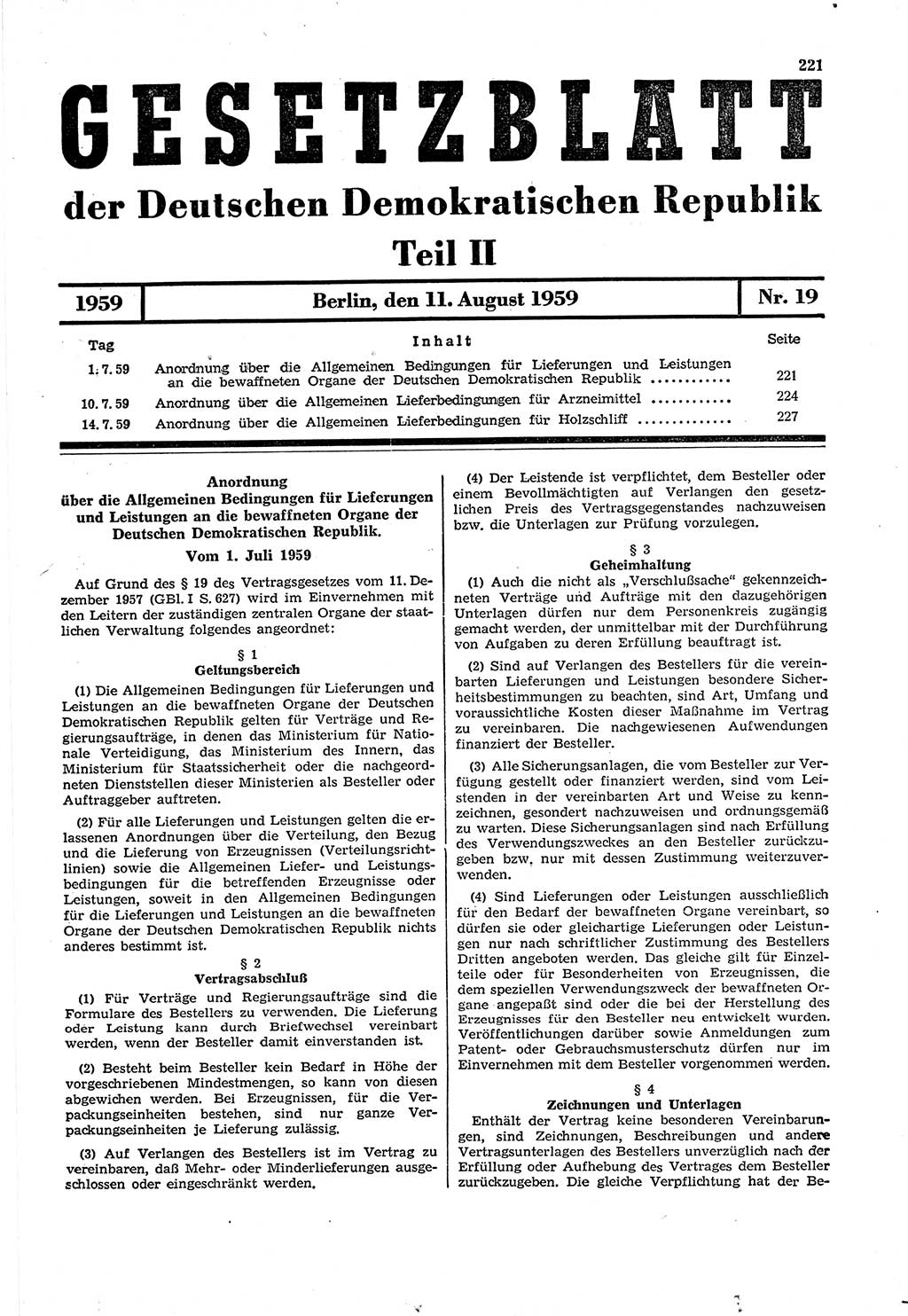 Gesetzblatt (GBl.) der Deutschen Demokratischen Republik (DDR) Teil ⅠⅠ 1959, Seite 221 (GBl. DDR ⅠⅠ 1959, S. 221)