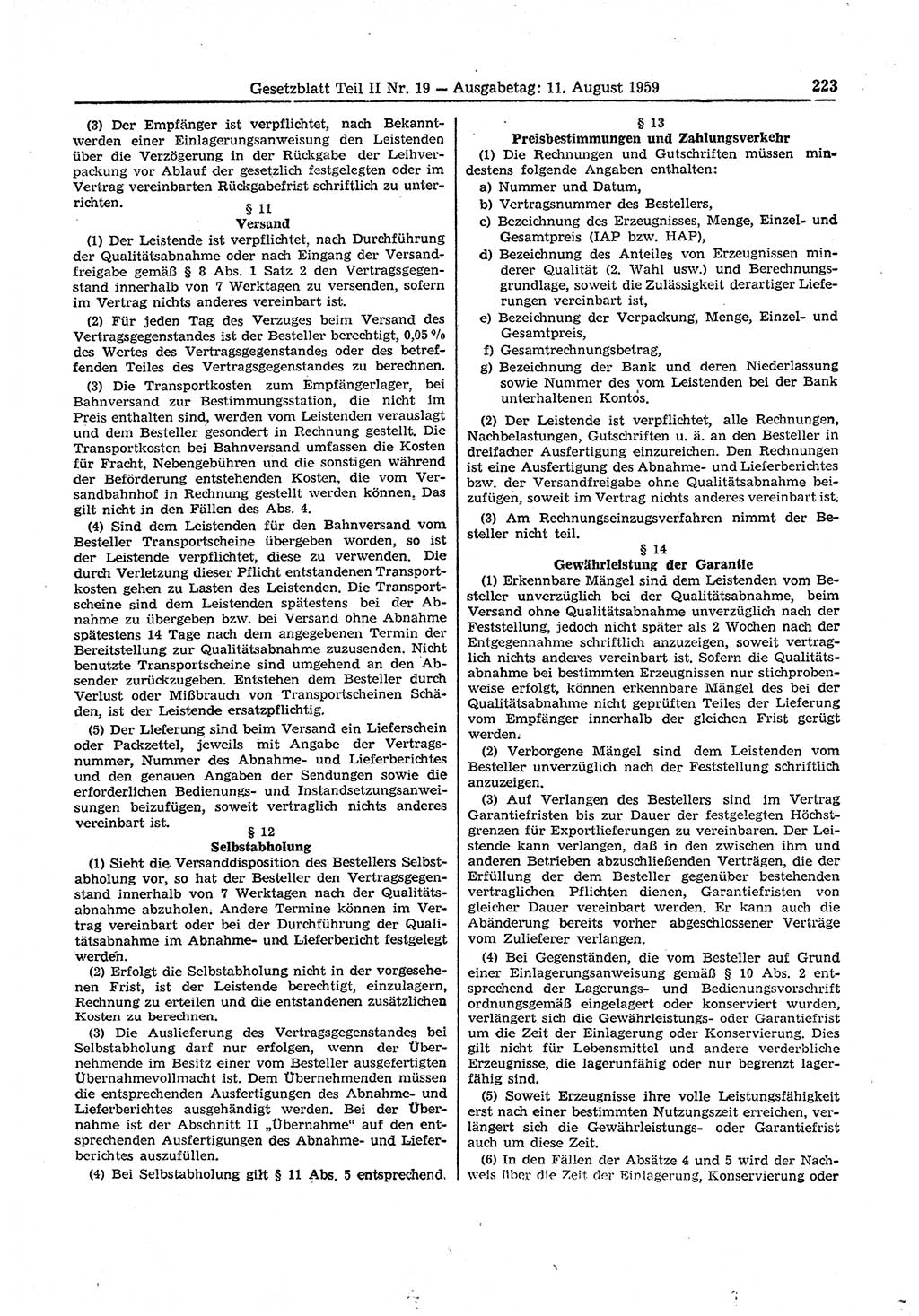 Gesetzblatt (GBl.) der Deutschen Demokratischen Republik (DDR) Teil ⅠⅠ 1959, Seite 223 (GBl. DDR ⅠⅠ 1959, S. 223)