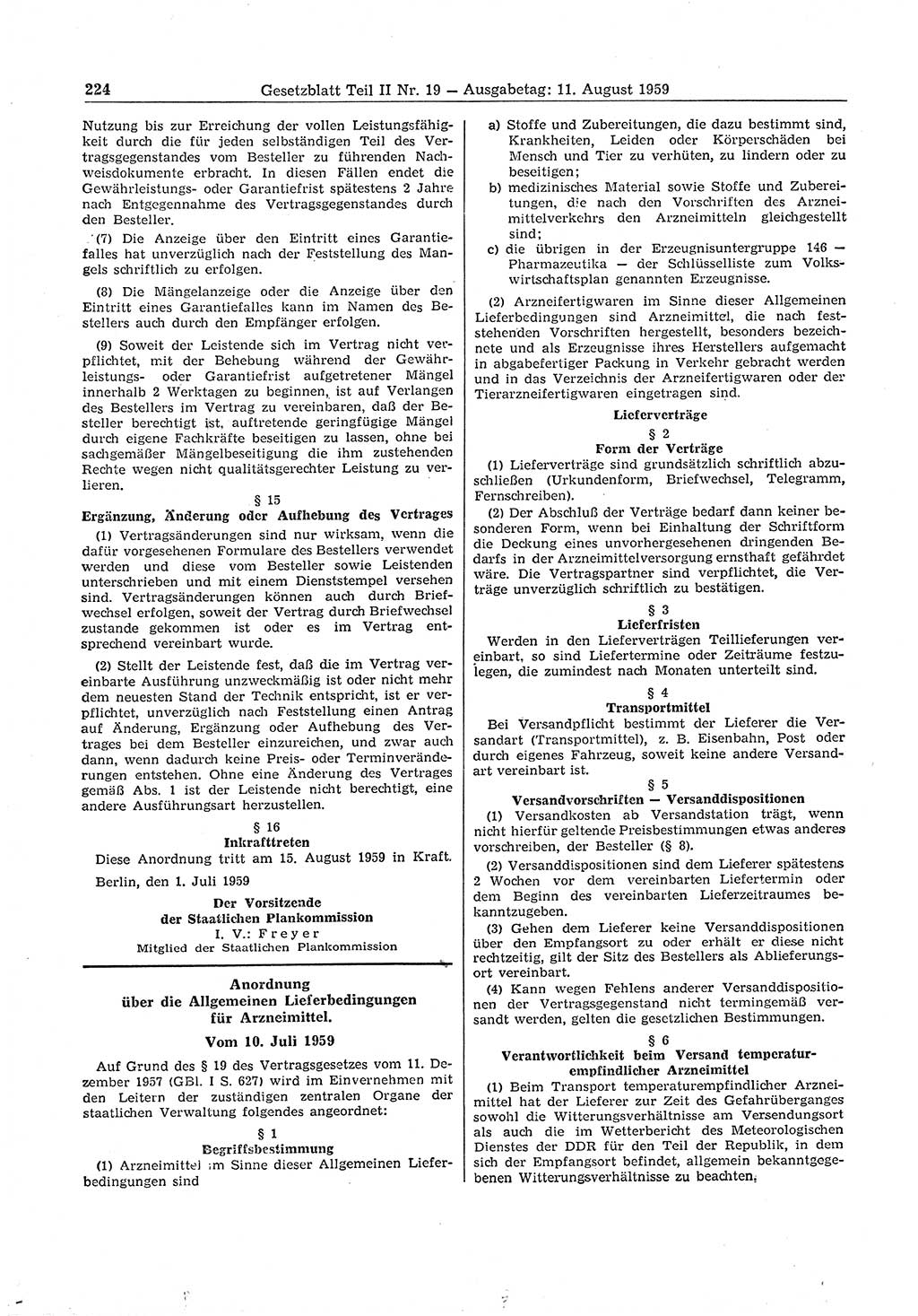 Gesetzblatt (GBl.) der Deutschen Demokratischen Republik (DDR) Teil ⅠⅠ 1959, Seite 224 (GBl. DDR ⅠⅠ 1959, S. 224)