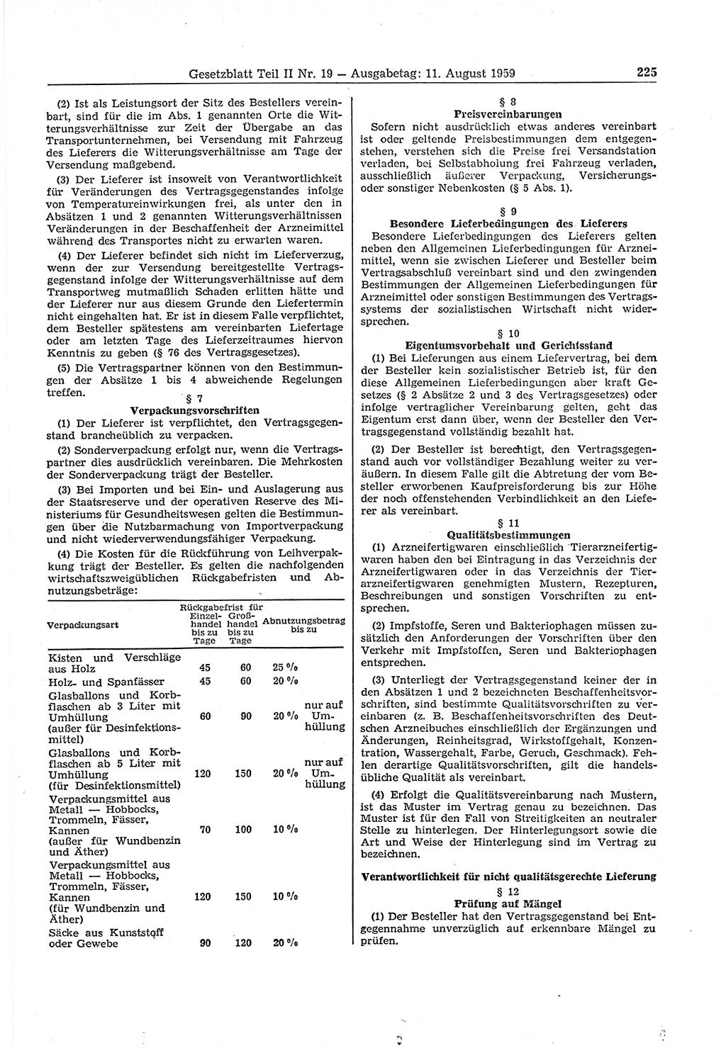 Gesetzblatt (GBl.) der Deutschen Demokratischen Republik (DDR) Teil ⅠⅠ 1959, Seite 225 (GBl. DDR ⅠⅠ 1959, S. 225)
