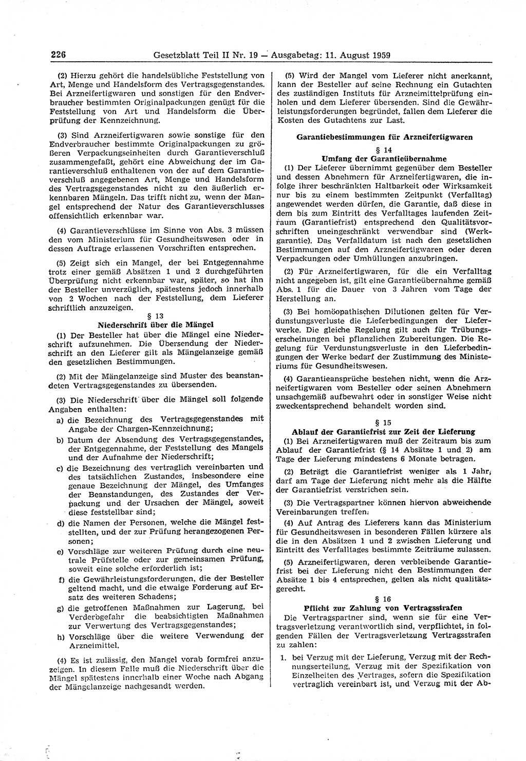 Gesetzblatt (GBl.) der Deutschen Demokratischen Republik (DDR) Teil ⅠⅠ 1959, Seite 226 (GBl. DDR ⅠⅠ 1959, S. 226)