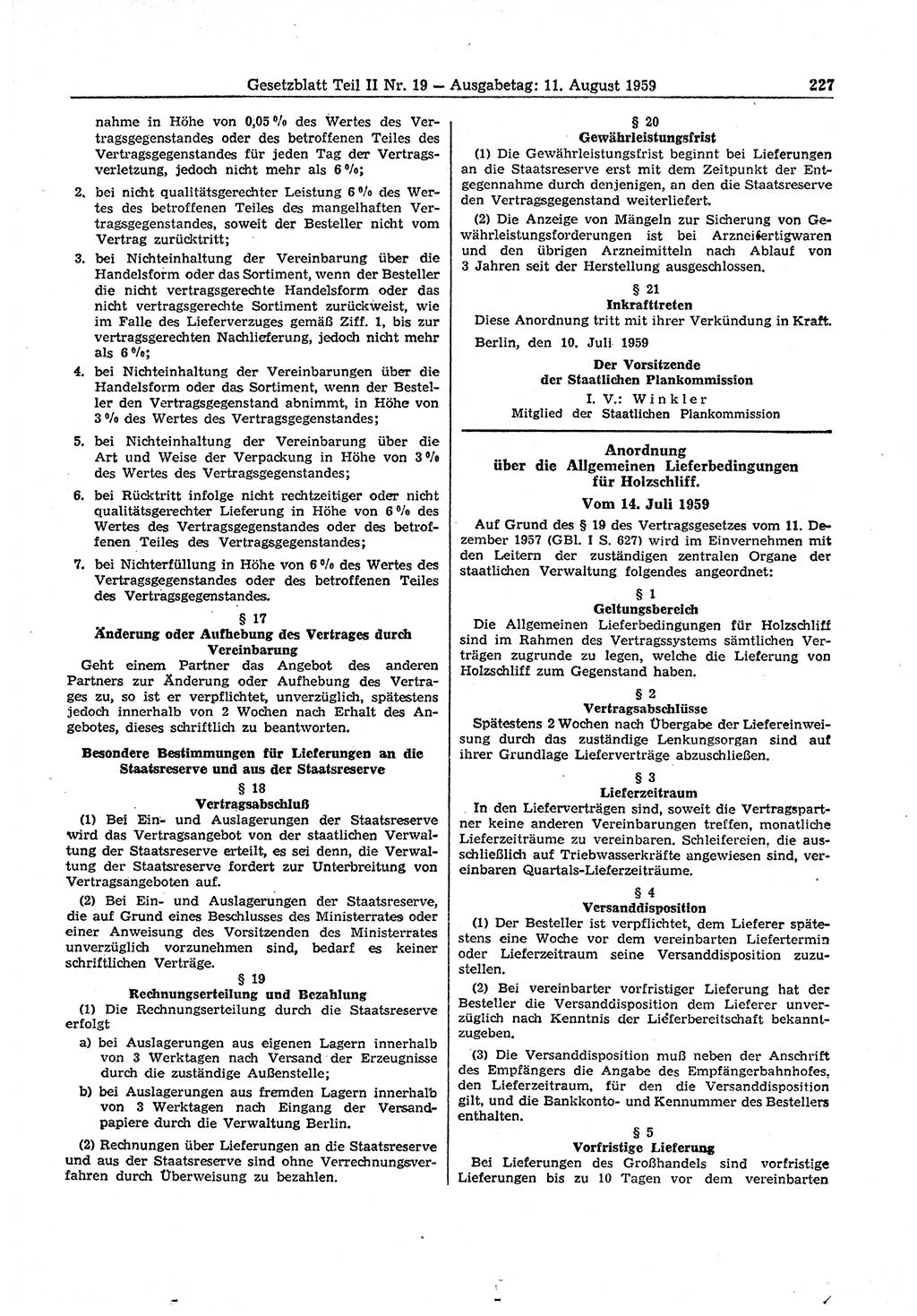 Gesetzblatt (GBl.) der Deutschen Demokratischen Republik (DDR) Teil ⅠⅠ 1959, Seite 227 (GBl. DDR ⅠⅠ 1959, S. 227)