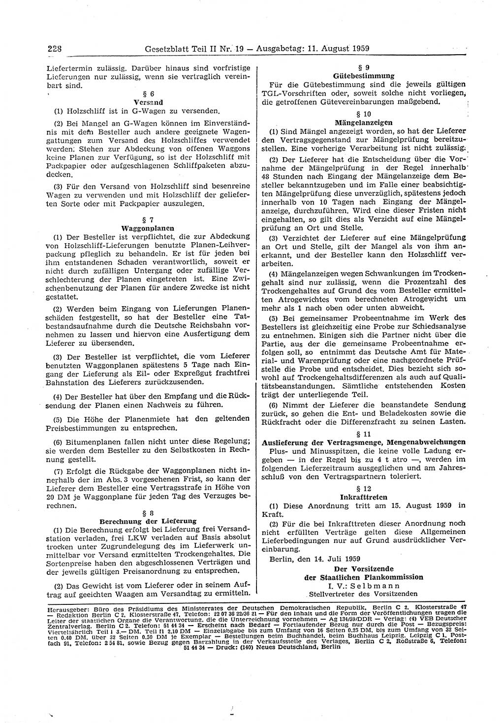 Gesetzblatt (GBl.) der Deutschen Demokratischen Republik (DDR) Teil ⅠⅠ 1959, Seite 228 (GBl. DDR ⅠⅠ 1959, S. 228)
