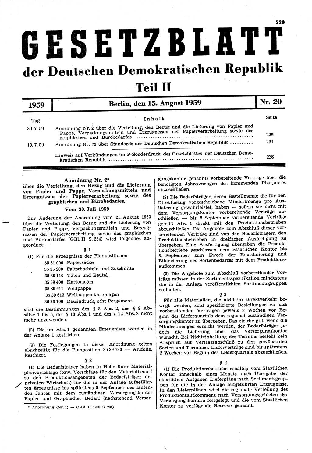 Gesetzblatt (GBl.) der Deutschen Demokratischen Republik (DDR) Teil ⅠⅠ 1959, Seite 229 (GBl. DDR ⅠⅠ 1959, S. 229)