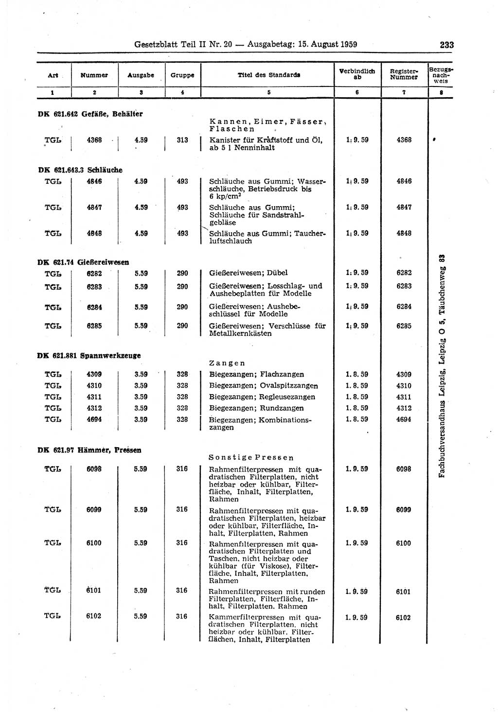 Gesetzblatt (GBl.) der Deutschen Demokratischen Republik (DDR) Teil â… â… 1959, Seite 233 (GBl. DDR â… â… 1959, S. 233)