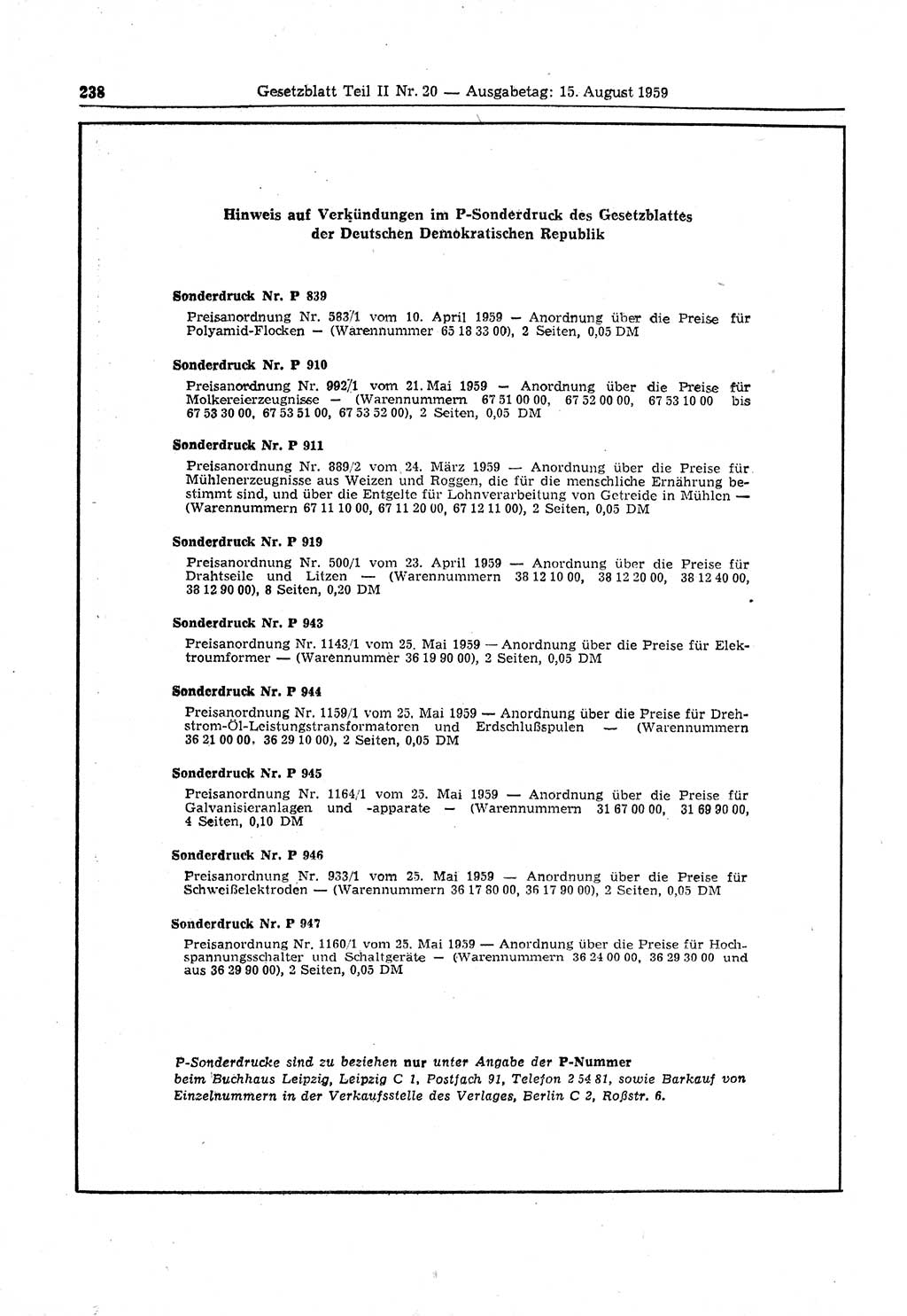 Gesetzblatt (GBl.) der Deutschen Demokratischen Republik (DDR) Teil ⅠⅠ 1959, Seite 238 (GBl. DDR ⅠⅠ 1959, S. 238)