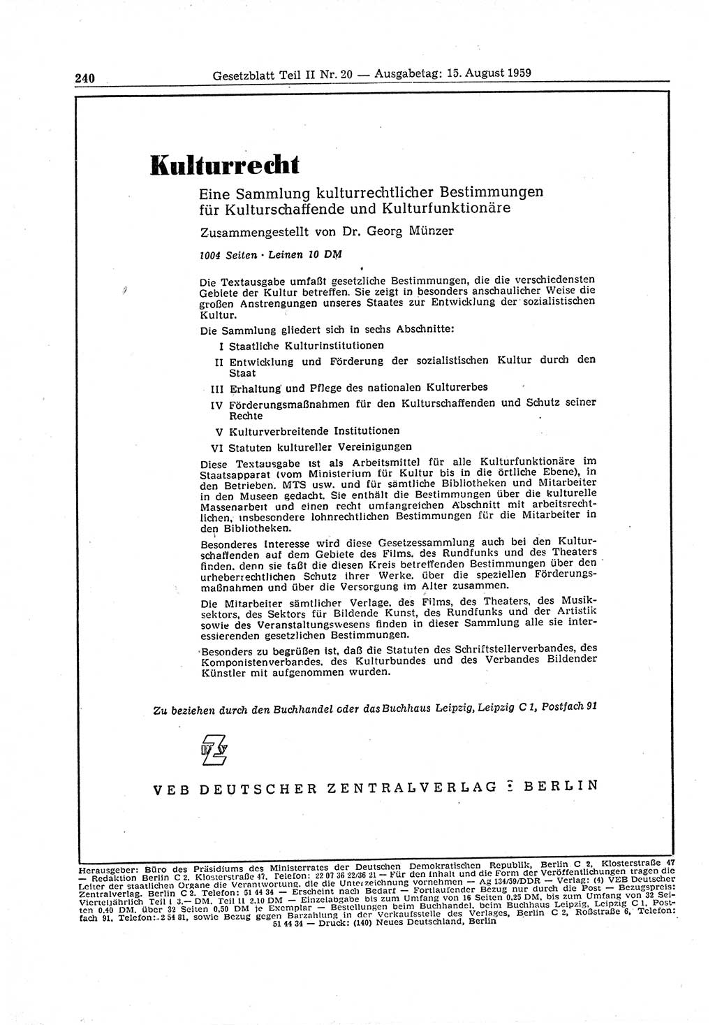 Gesetzblatt (GBl.) der Deutschen Demokratischen Republik (DDR) Teil ⅠⅠ 1959, Seite 240 (GBl. DDR ⅠⅠ 1959, S. 240)