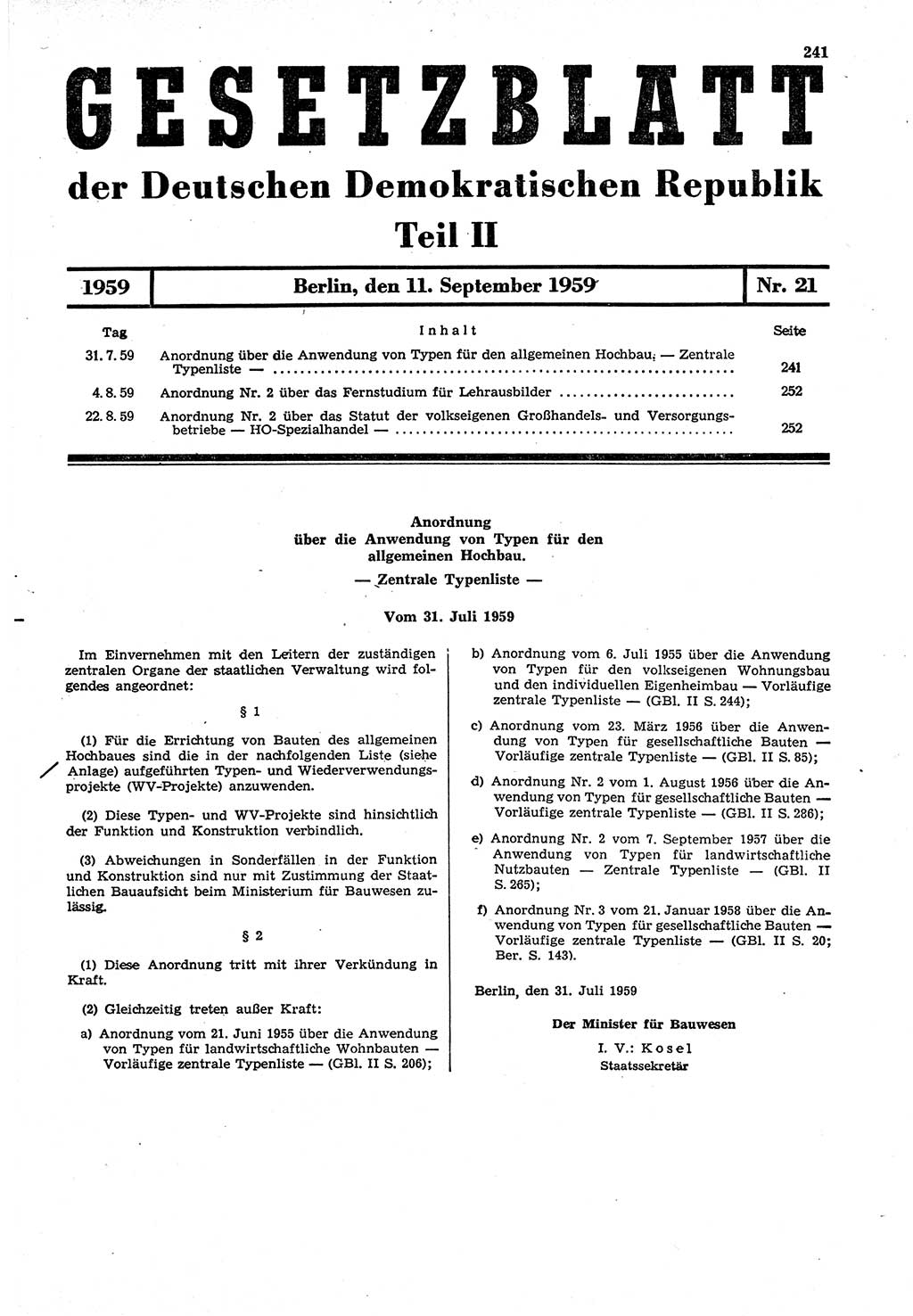 Gesetzblatt (GBl.) der Deutschen Demokratischen Republik (DDR) Teil ⅠⅠ 1959, Seite 241 (GBl. DDR ⅠⅠ 1959, S. 241)
