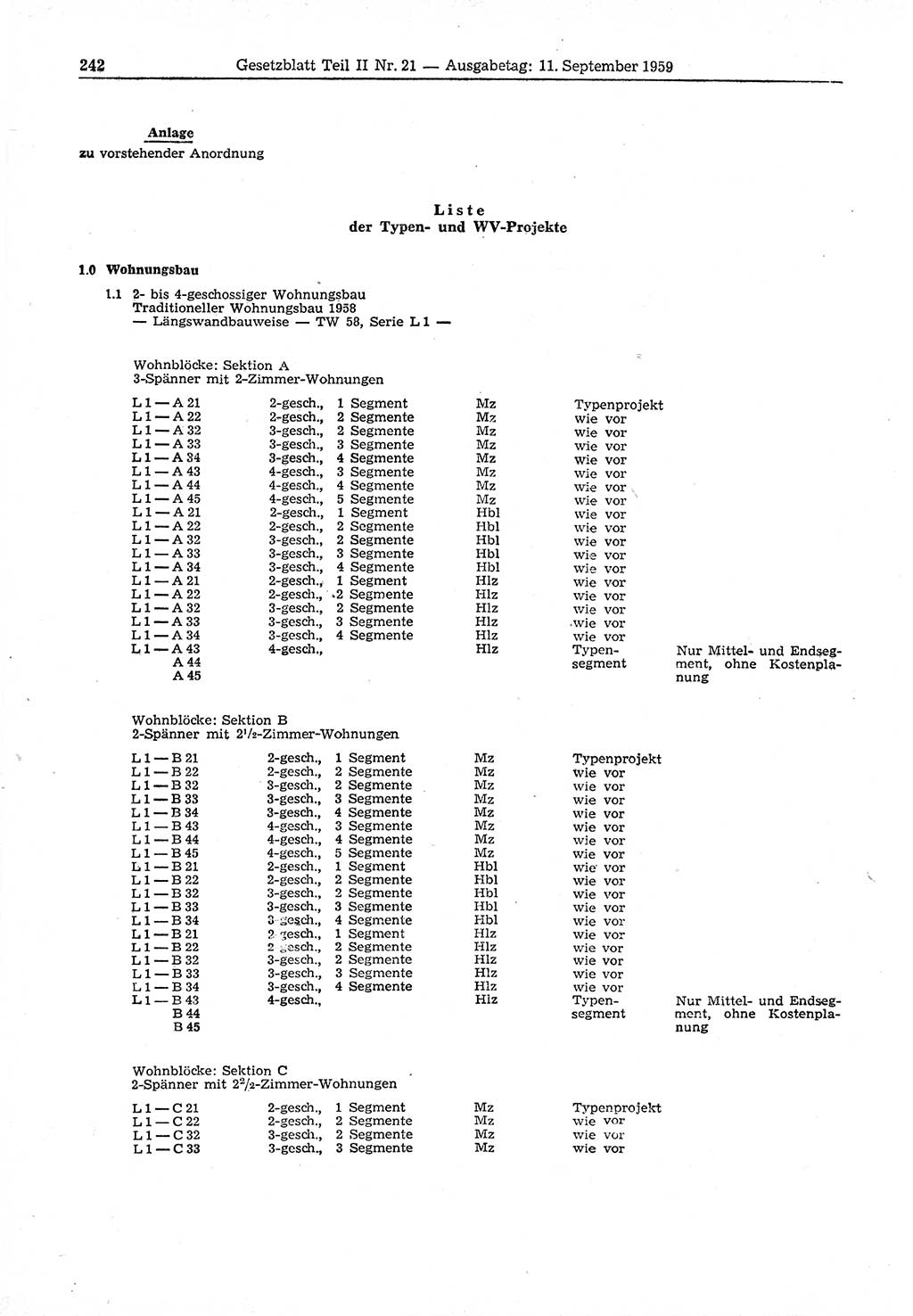 Gesetzblatt (GBl.) der Deutschen Demokratischen Republik (DDR) Teil ⅠⅠ 1959, Seite 242 (GBl. DDR ⅠⅠ 1959, S. 242)