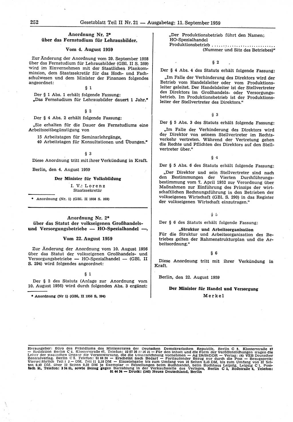 Gesetzblatt (GBl.) der Deutschen Demokratischen Republik (DDR) Teil ⅠⅠ 1959, Seite 252 (GBl. DDR ⅠⅠ 1959, S. 252)