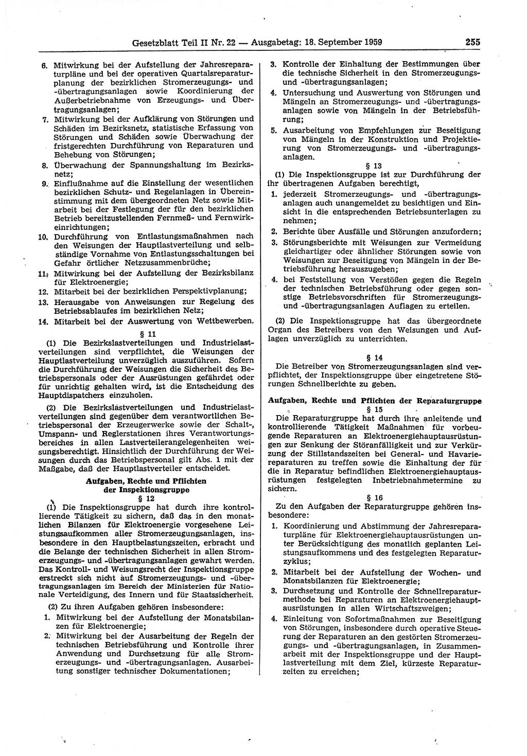 Gesetzblatt (GBl.) der Deutschen Demokratischen Republik (DDR) Teil ⅠⅠ 1959, Seite 255 (GBl. DDR ⅠⅠ 1959, S. 255)