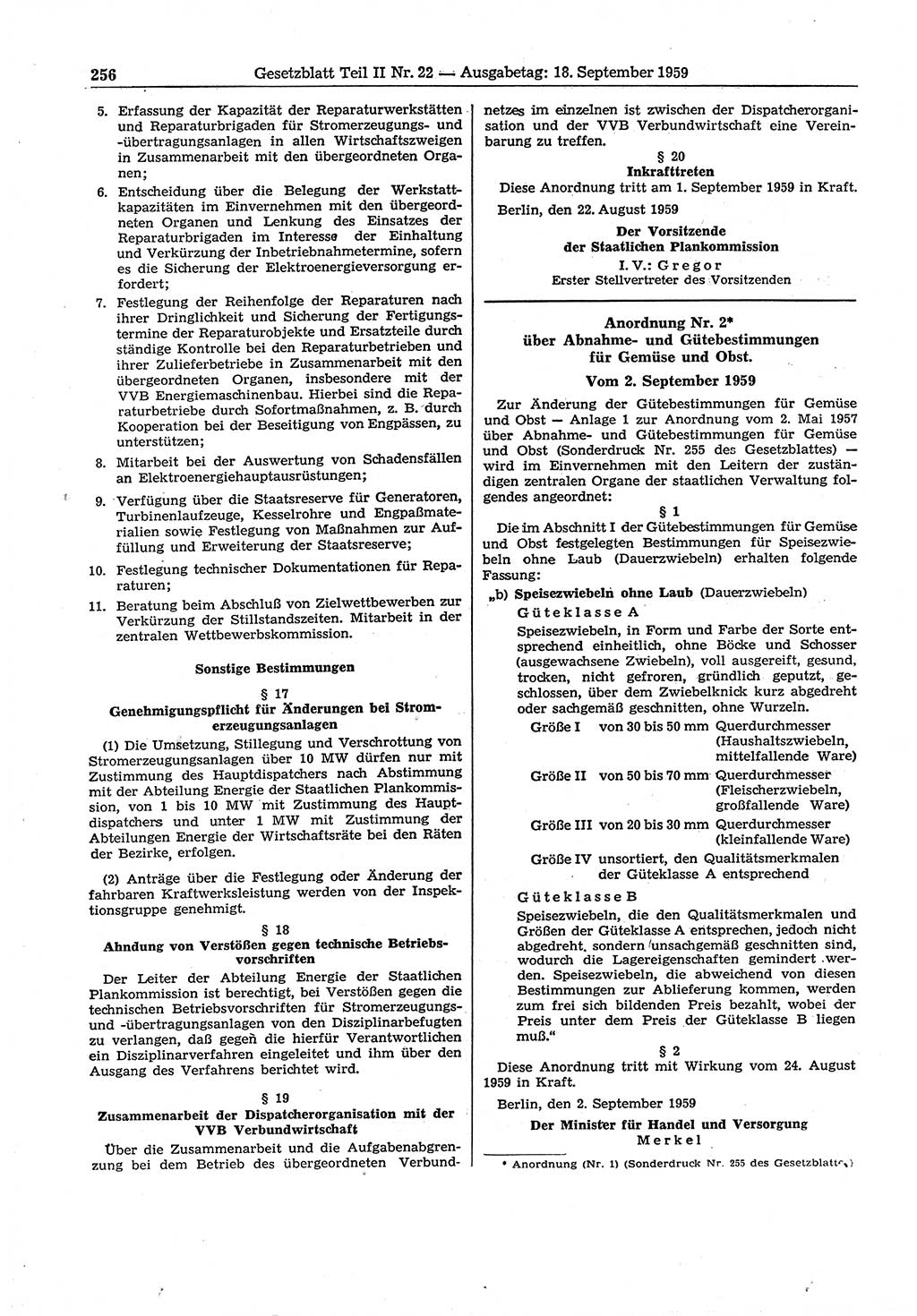 Gesetzblatt (GBl.) der Deutschen Demokratischen Republik (DDR) Teil ⅠⅠ 1959, Seite 256 (GBl. DDR ⅠⅠ 1959, S. 256)