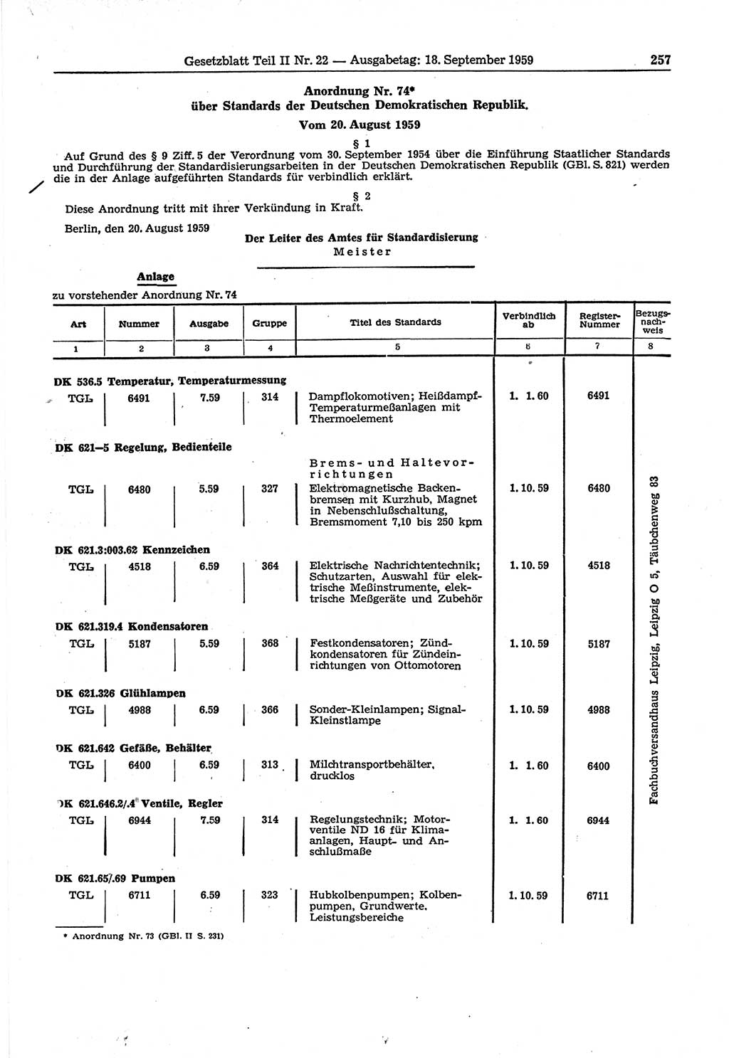 Gesetzblatt (GBl.) der Deutschen Demokratischen Republik (DDR) Teil ⅠⅠ 1959, Seite 257 (GBl. DDR ⅠⅠ 1959, S. 257)