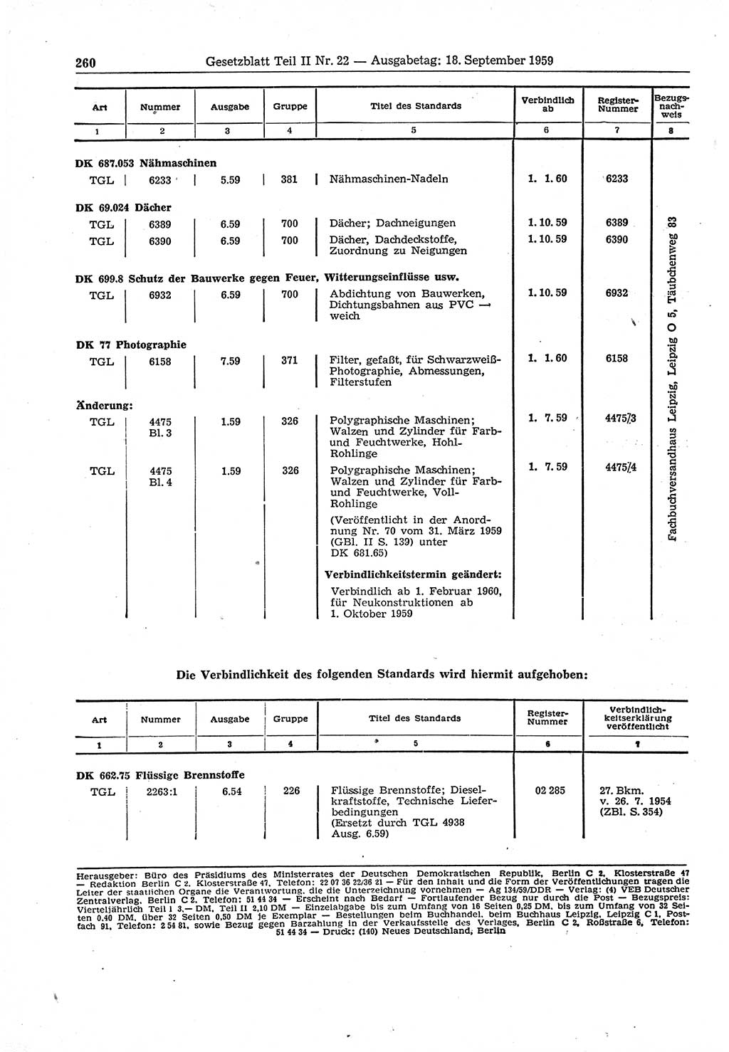 Gesetzblatt (GBl.) der Deutschen Demokratischen Republik (DDR) Teil ⅠⅠ 1959, Seite 260 (GBl. DDR ⅠⅠ 1959, S. 260)
