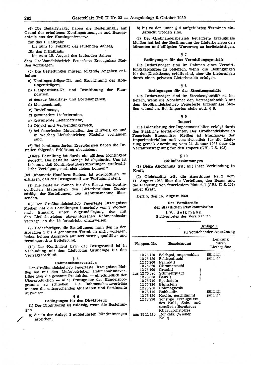 Gesetzblatt (GBl.) der Deutschen Demokratischen Republik (DDR) Teil ⅠⅠ 1959, Seite 262 (GBl. DDR ⅠⅠ 1959, S. 262)