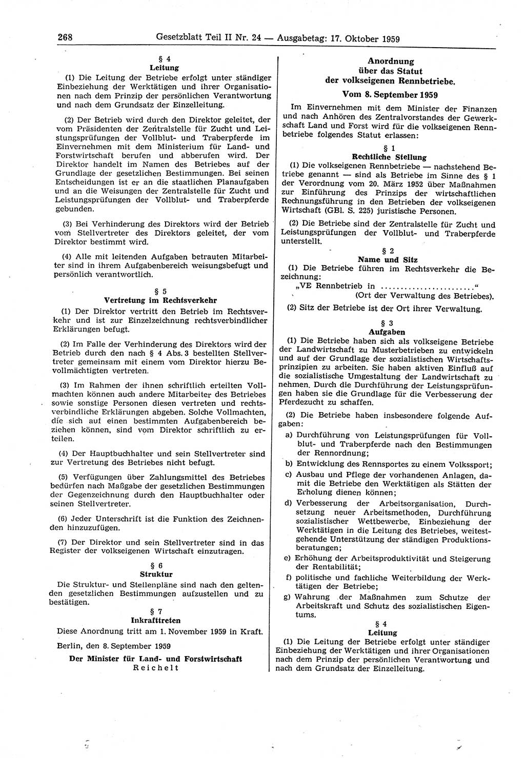 Gesetzblatt (GBl.) der Deutschen Demokratischen Republik (DDR) Teil ⅠⅠ 1959, Seite 268 (GBl. DDR ⅠⅠ 1959, S. 268)