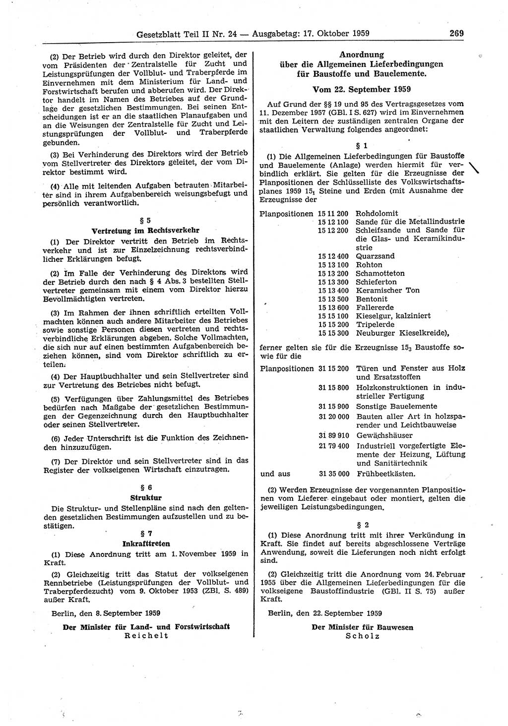 Gesetzblatt (GBl.) der Deutschen Demokratischen Republik (DDR) Teil ⅠⅠ 1959, Seite 269 (GBl. DDR ⅠⅠ 1959, S. 269)