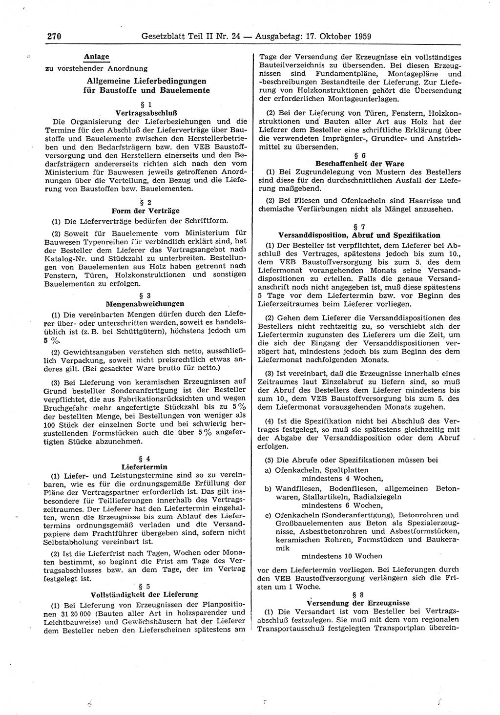 Gesetzblatt (GBl.) der Deutschen Demokratischen Republik (DDR) Teil ⅠⅠ 1959, Seite 270 (GBl. DDR ⅠⅠ 1959, S. 270)