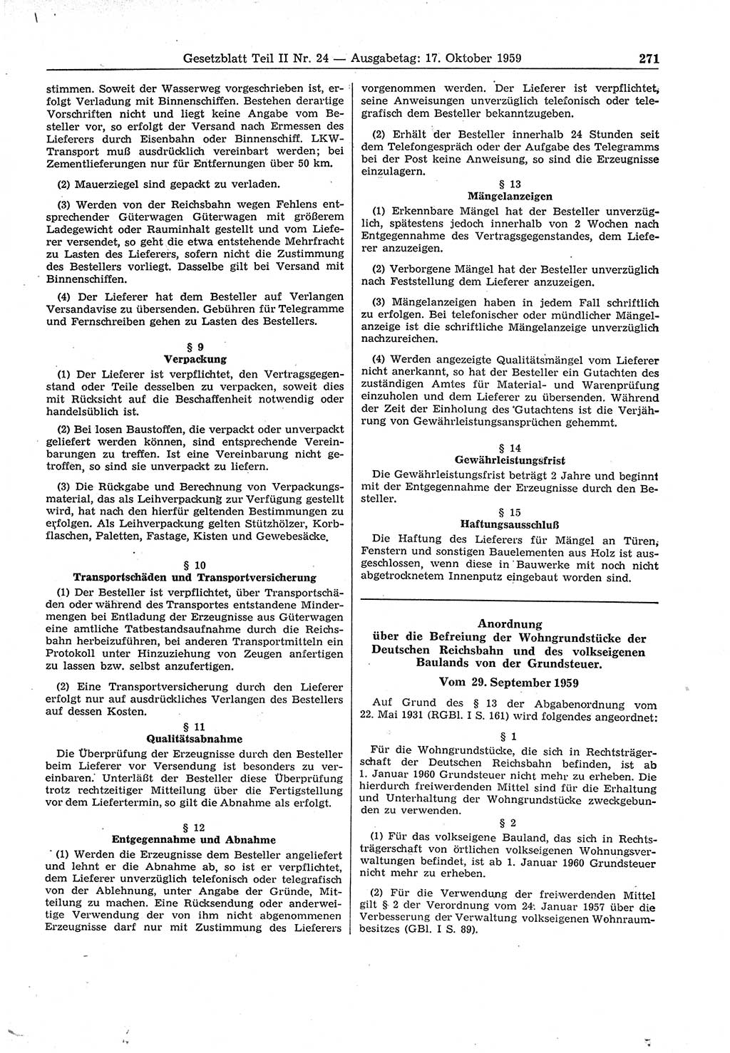 Gesetzblatt (GBl.) der Deutschen Demokratischen Republik (DDR) Teil ⅠⅠ 1959, Seite 271 (GBl. DDR ⅠⅠ 1959, S. 271)