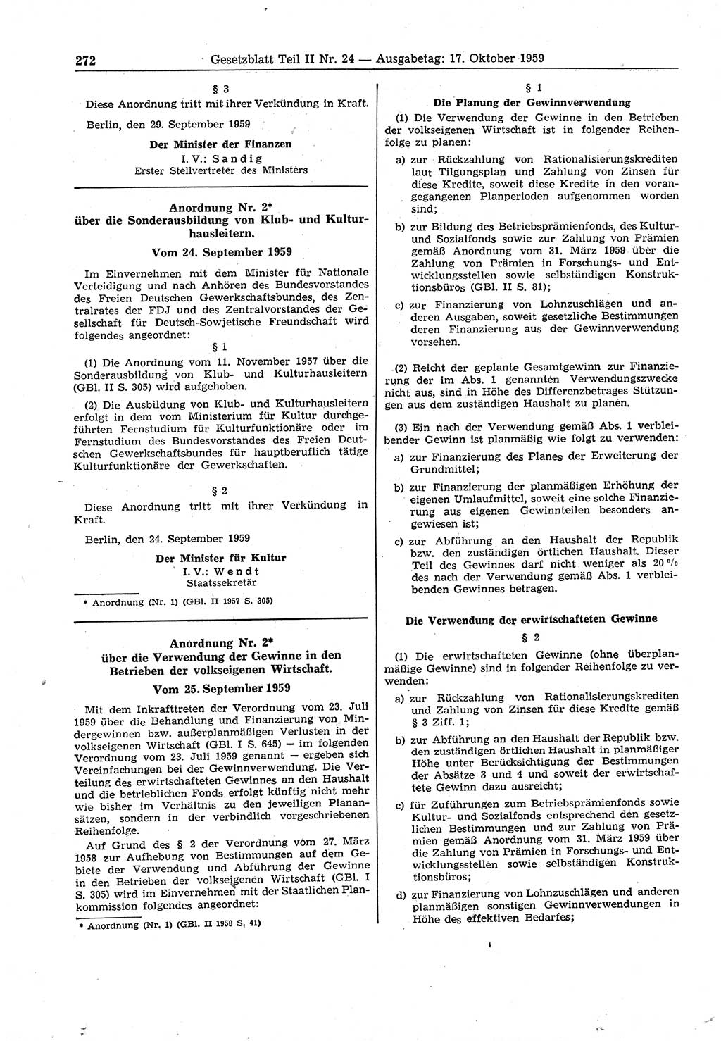 Gesetzblatt (GBl.) der Deutschen Demokratischen Republik (DDR) Teil ⅠⅠ 1959, Seite 272 (GBl. DDR ⅠⅠ 1959, S. 272)