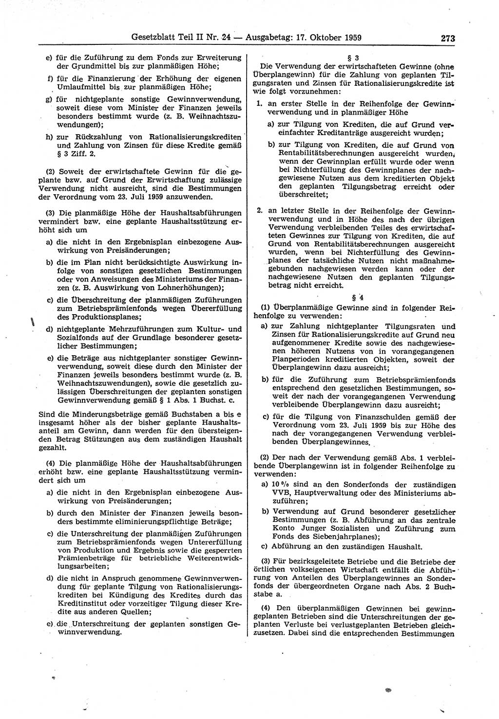 Gesetzblatt (GBl.) der Deutschen Demokratischen Republik (DDR) Teil ⅠⅠ 1959, Seite 273 (GBl. DDR ⅠⅠ 1959, S. 273)