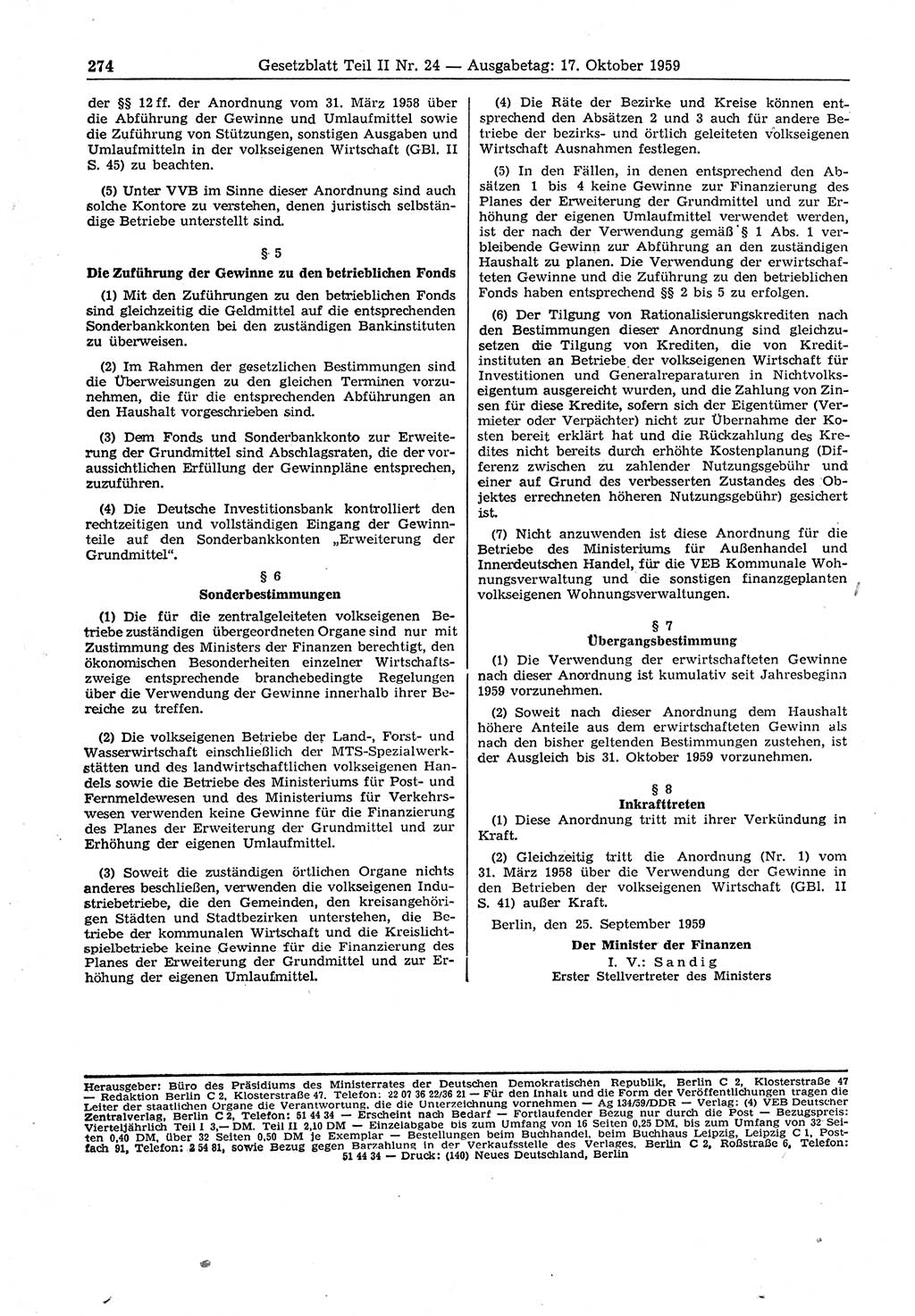 Gesetzblatt (GBl.) der Deutschen Demokratischen Republik (DDR) Teil ⅠⅠ 1959, Seite 274 (GBl. DDR ⅠⅠ 1959, S. 274)