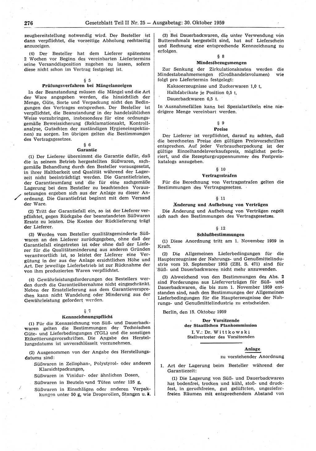 Gesetzblatt (GBl.) der Deutschen Demokratischen Republik (DDR) Teil ⅠⅠ 1959, Seite 276 (GBl. DDR ⅠⅠ 1959, S. 276)