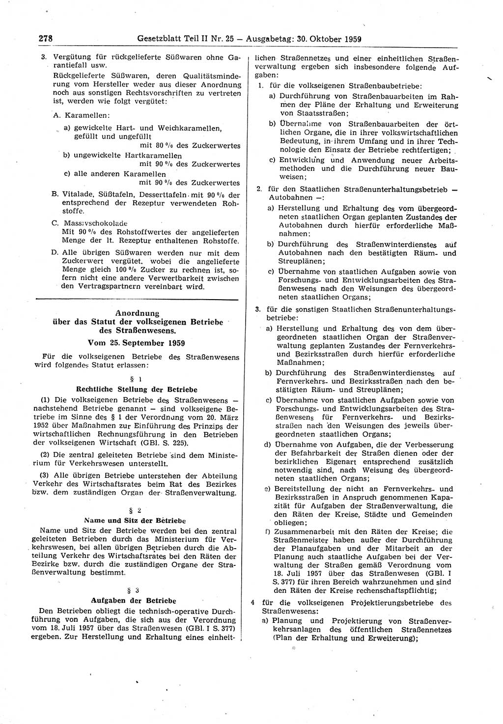 Gesetzblatt (GBl.) der Deutschen Demokratischen Republik (DDR) Teil ⅠⅠ 1959, Seite 278 (GBl. DDR ⅠⅠ 1959, S. 278)