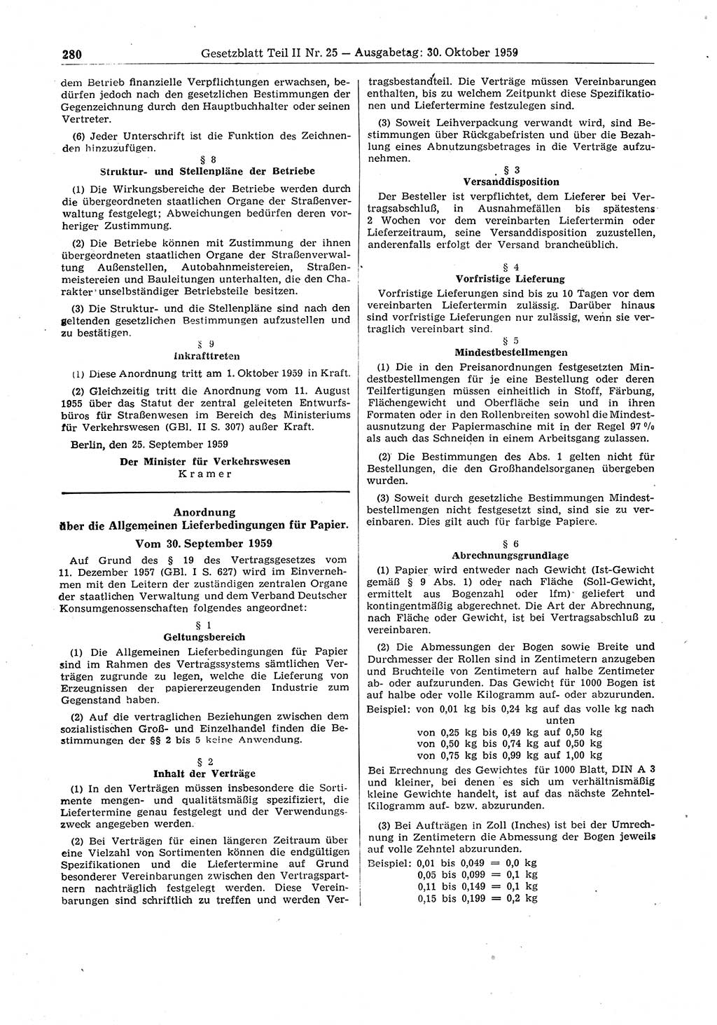 Gesetzblatt (GBl.) der Deutschen Demokratischen Republik (DDR) Teil ⅠⅠ 1959, Seite 280 (GBl. DDR ⅠⅠ 1959, S. 280)